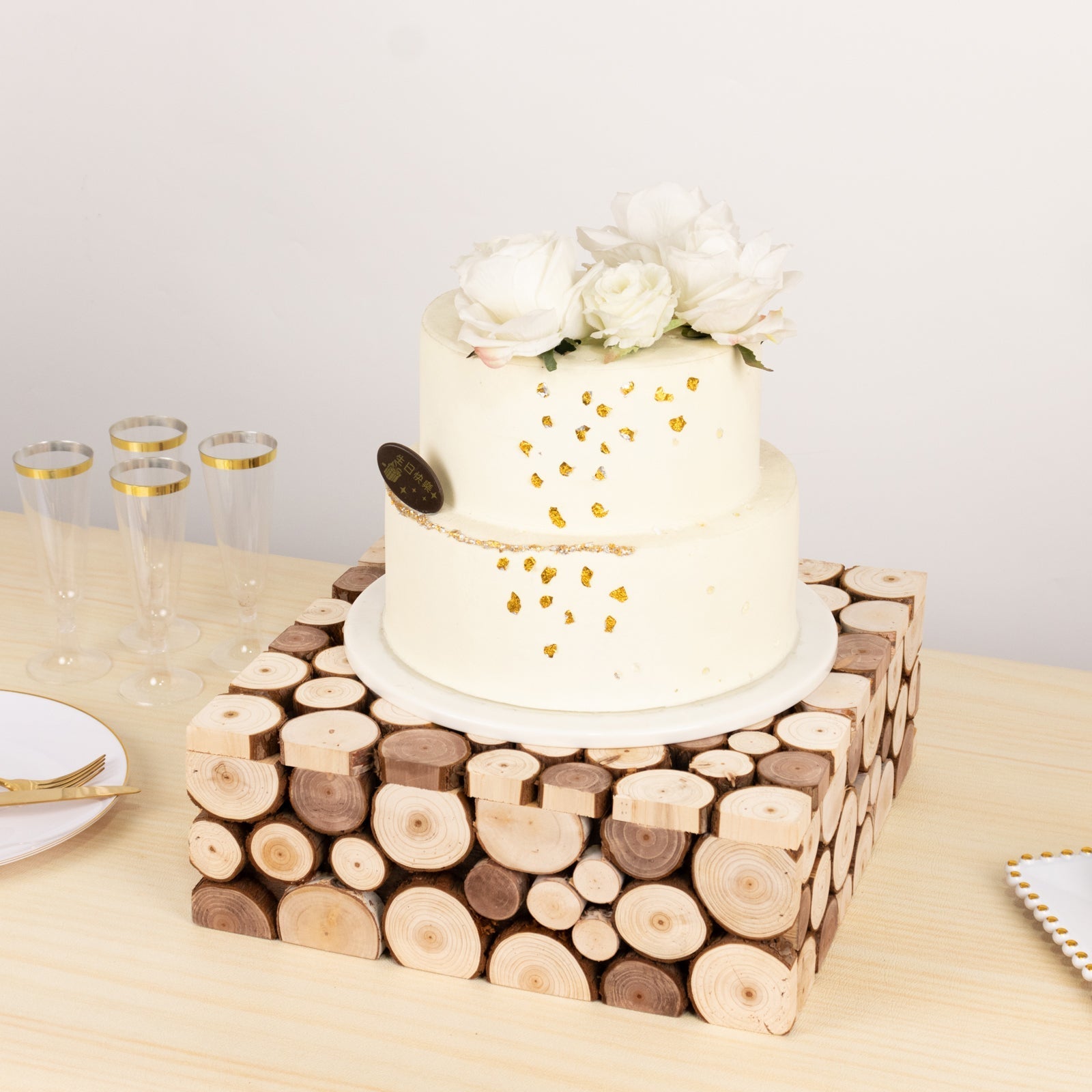 Wooden Cake Stand 14"x14" Square Design Rustic Natural Slices - Farmhouse Display Box Pedestal Riser