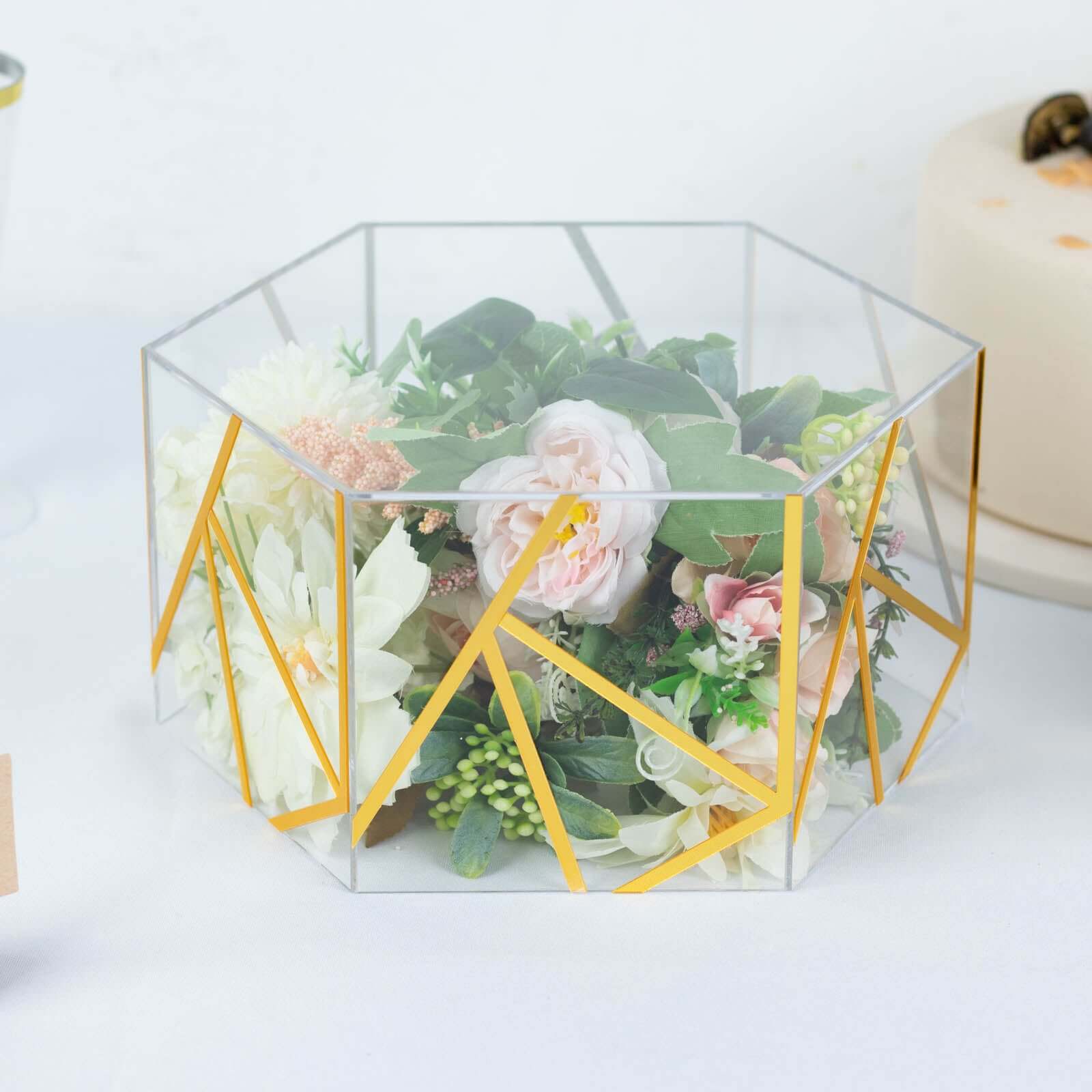 Acrylic Cake Stand Pedestal Riser Box Hexagonal Design Clear and Gold 10"x5" - Decorative Event Display