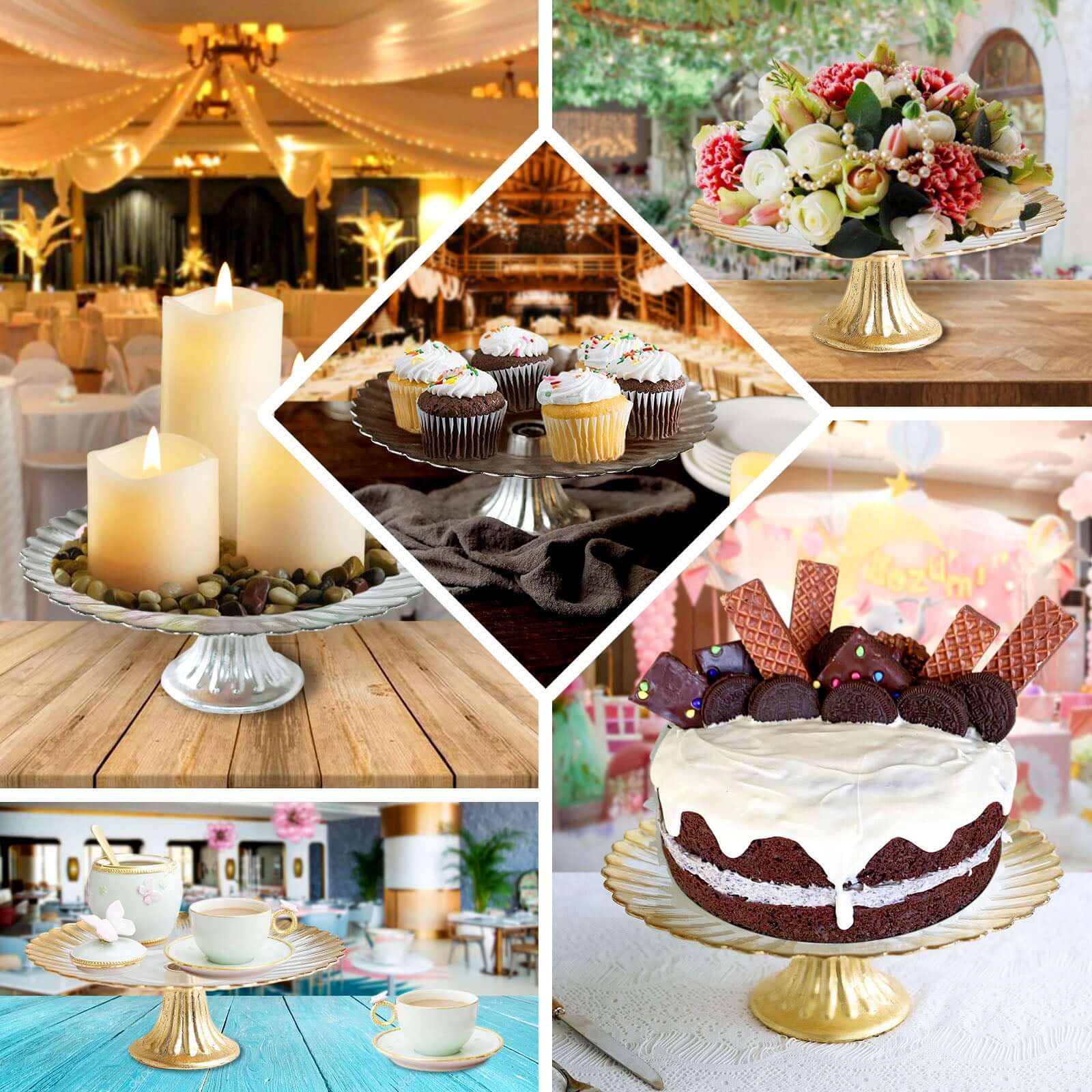Glass Pedestal Cake Stand Wavy Edge Design Silver - Cupcake Holder and Dessert Display Plate 12"