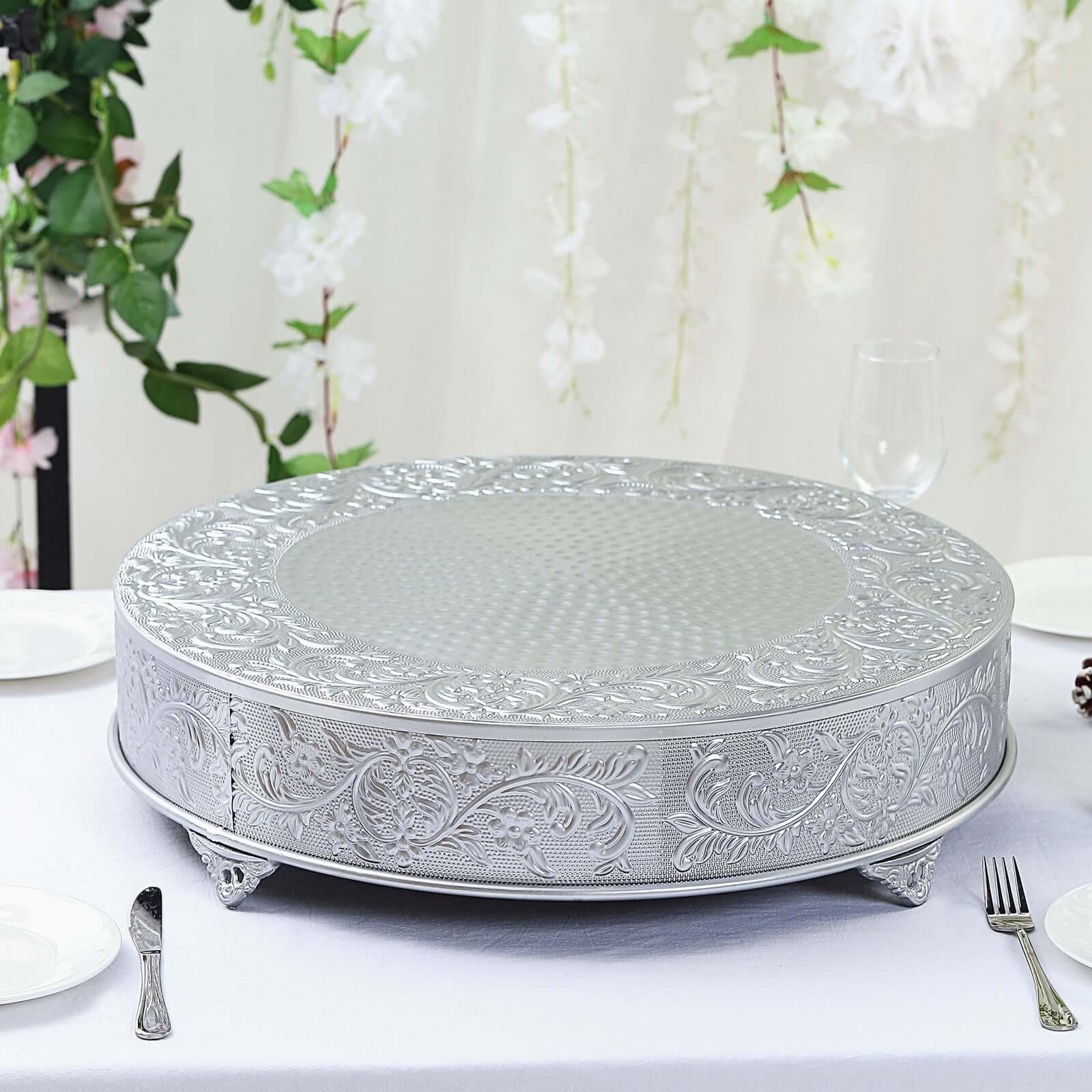 Metal 22" Round Cake Pedestal Stand Matte Silver - Cupcake Dessert Display Riser with Intricate Embossed Design for Upscale Events & Gatherings