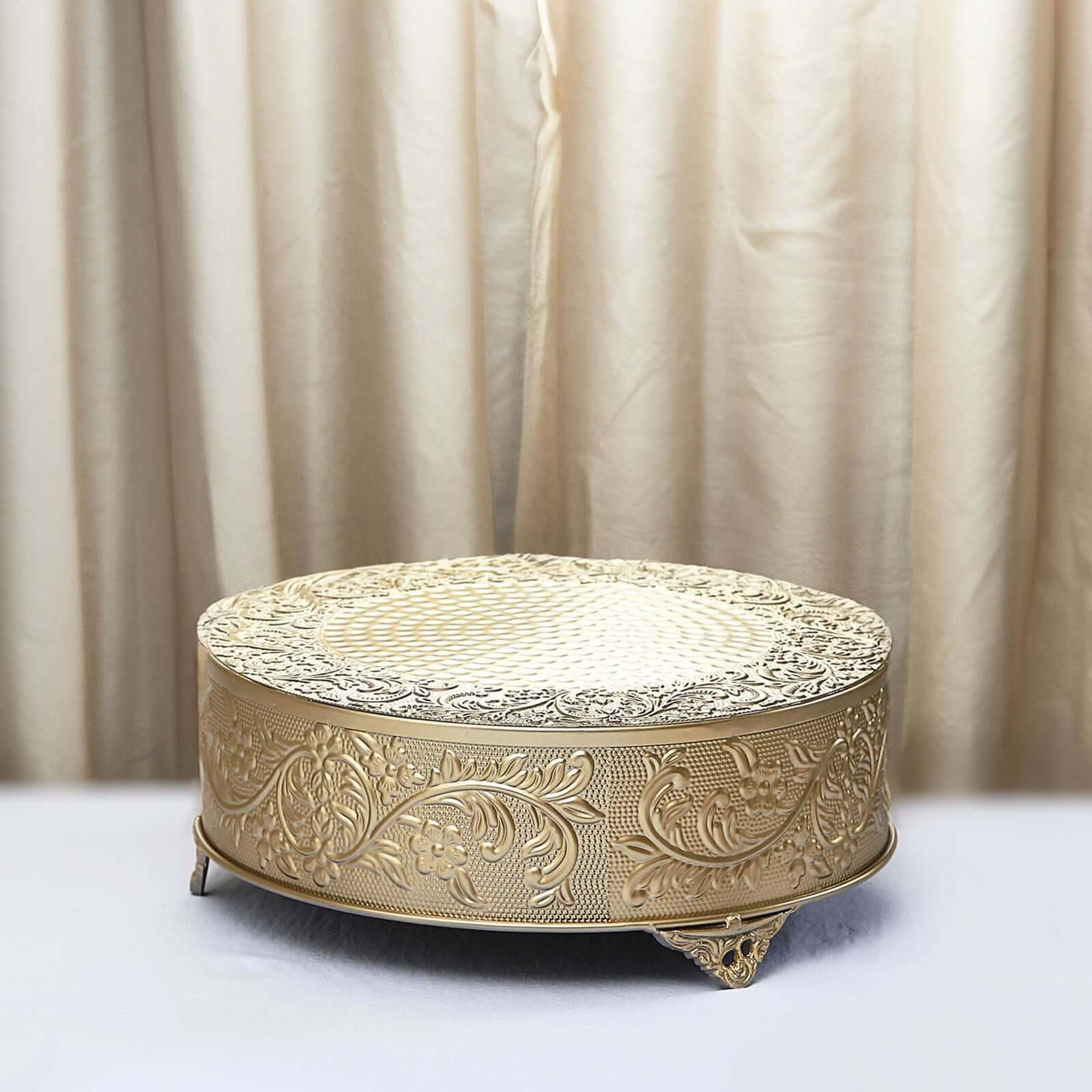 Metal 14" Round Cake Pedestal Stand Matte Gold - Cupcake Dessert Display Riser with Intricate Embossed Design for Upscale Events & Gatherings
