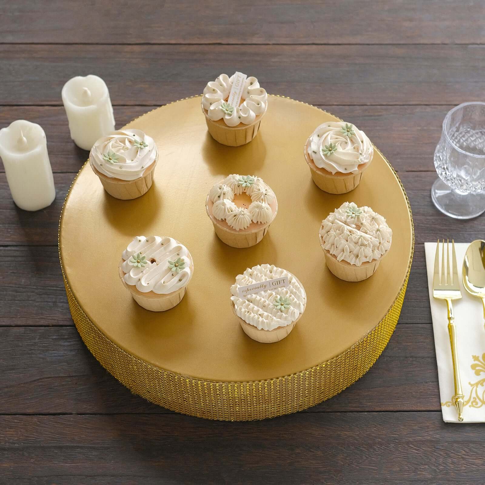 Metal Pedestal Cake Stand Round Design with Rhinestones Gold - Cupcake Holder and Dessert Table Centerpiece 14"