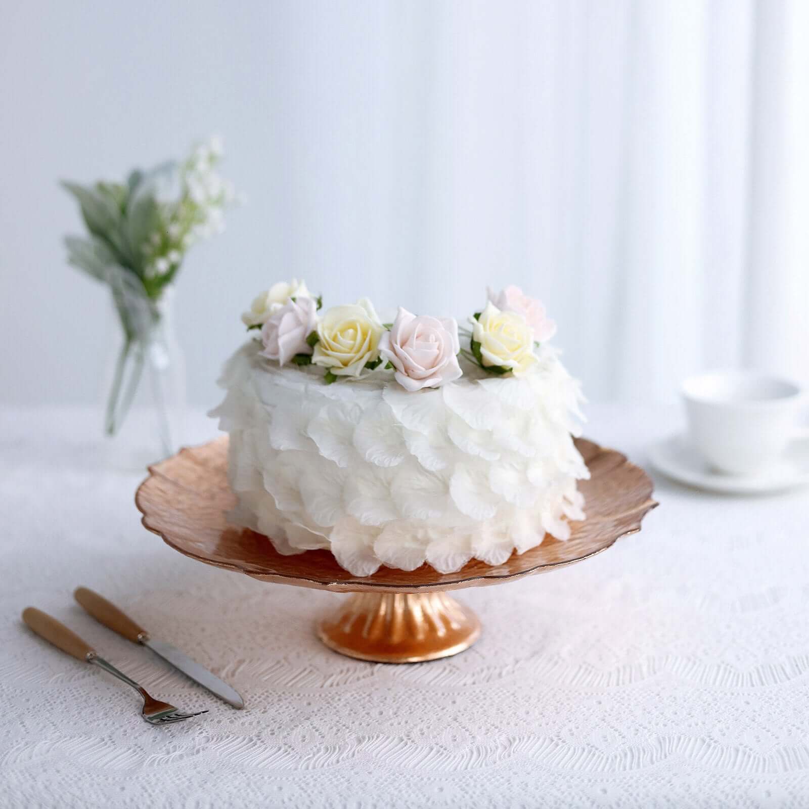 Glass Pedestal Cake Stand Scalloped Edge Design Rose Gold - Cupcake Holder and Dessert Display Plate 14"
