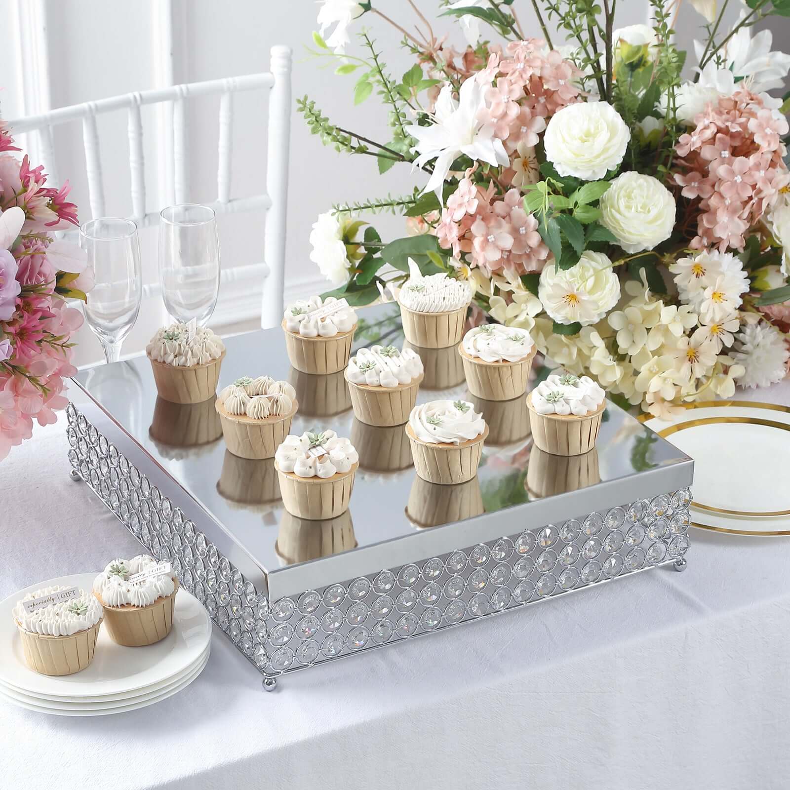 Metal Cake Stand Square Design with Crystal Beads Silver - Dessert Pedestal for Events 16"