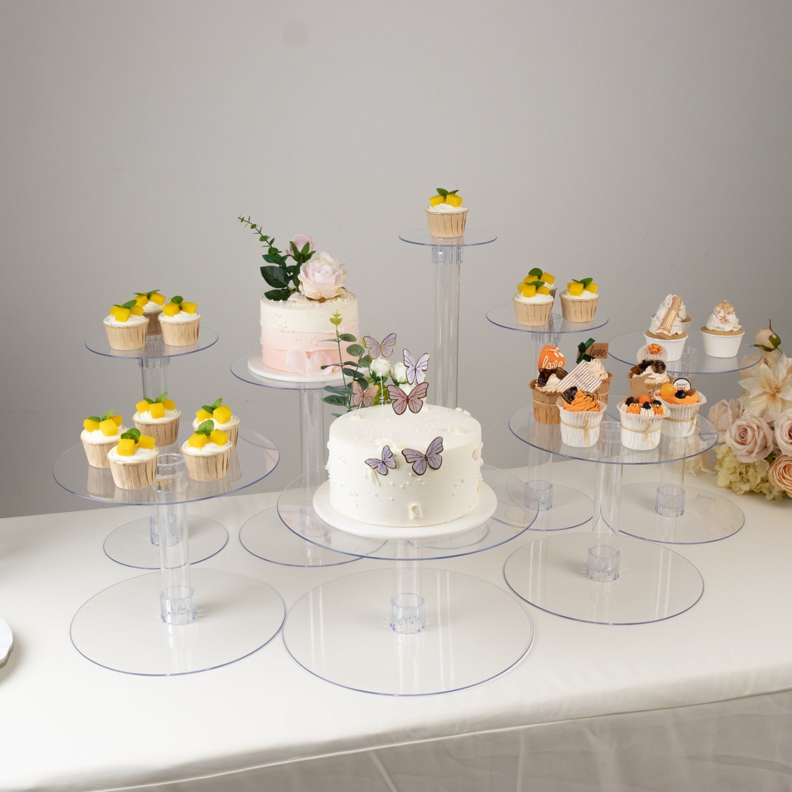 8-Tier Acrylic Cake Stand Set Clear - Sturdy & Lightweight Cupcake Holder Dessert Pedestal Centerpiece Risers in Assorted Sizes for Modern Minimalist Buffet Party Tables