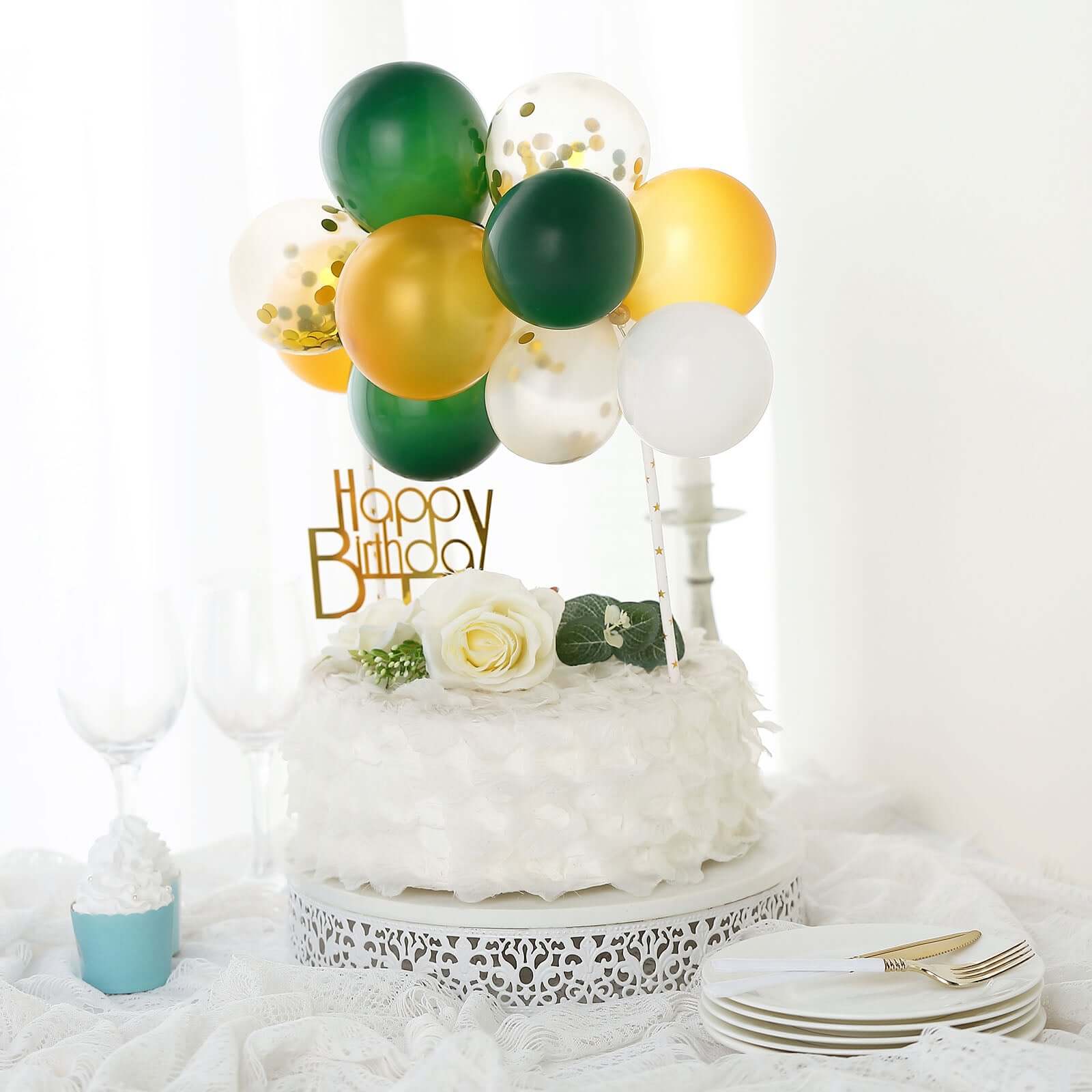11 Pcs Balloon Cake Topper Clear, Gold, Hunter Green and White - Whimsical Clustered Mini Garland Cake Inserts DIY Party Decorations