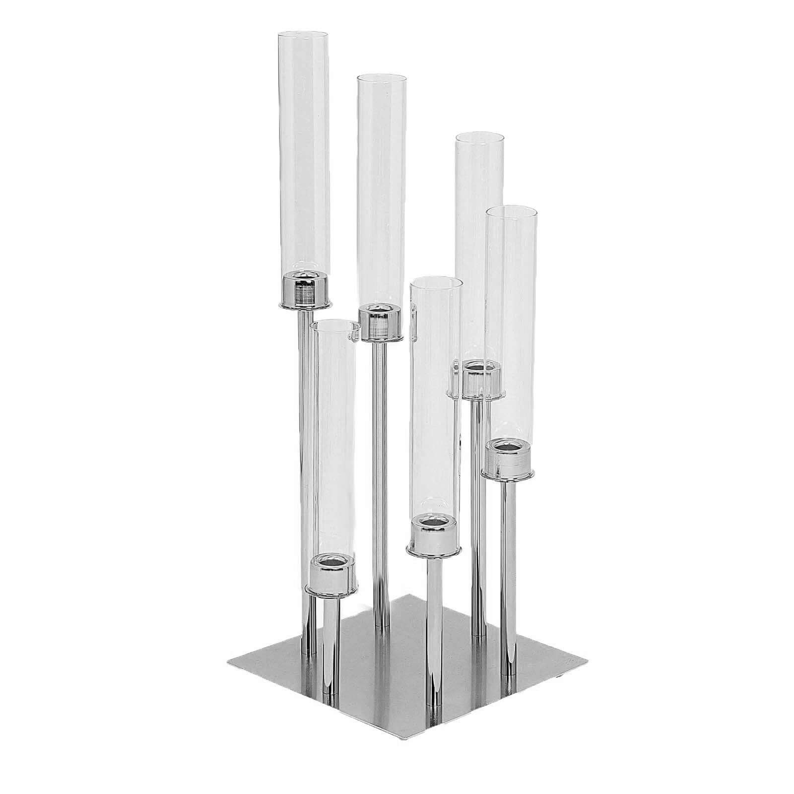 6-Arm Cluster Taper Candle Holder Silver with Clear Glass Shades - Sleek Candle Display for Gatherings 24"