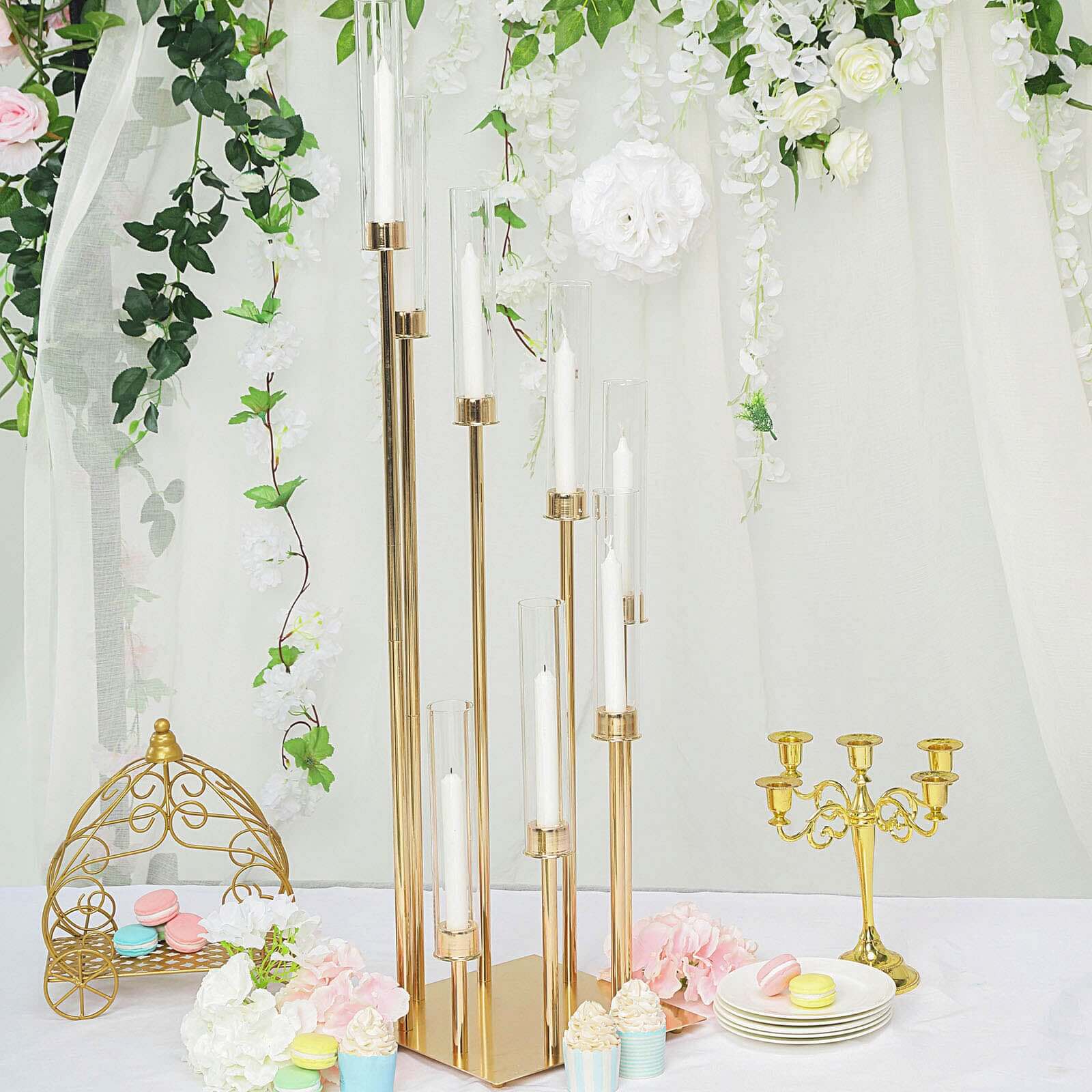 8 Arm Cluster Taper Candle Holder Gold - Stunning Large Candle Arragement With Clear Glass Shades for Grand Banquets & Celebrations 42"