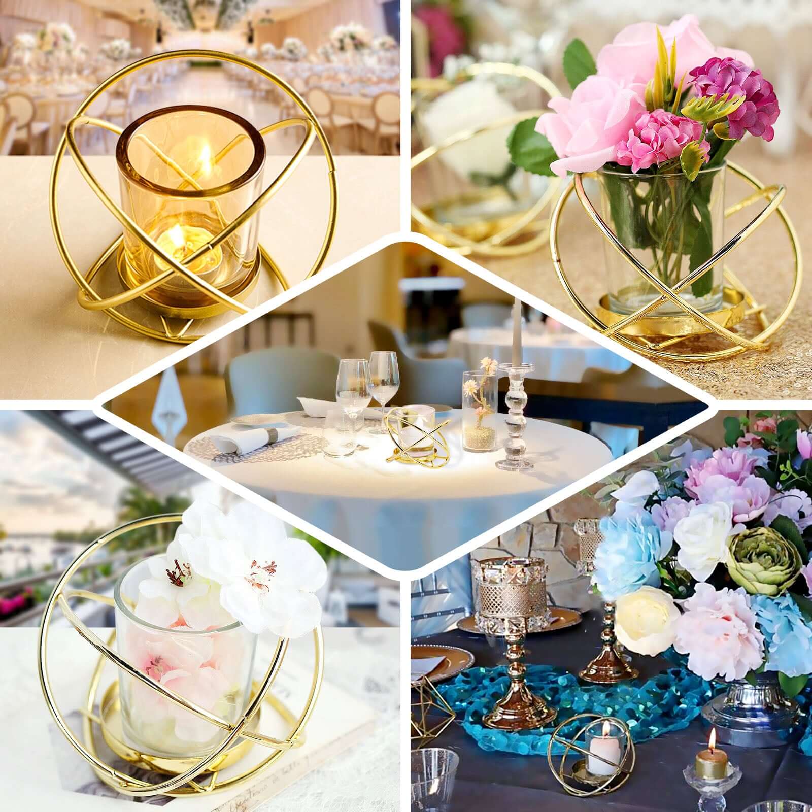 3-Pack Geometric Candle Holders Gold Metal Design with Bud Vase Votive Glass - Chic Wedding & Event Decor 3"