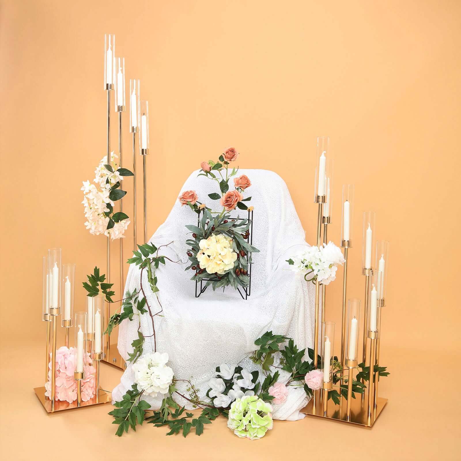 12-Arm Cluster Taper Candle Holder Gold with Clear Glass Shades - Grand Candle Arrangement for Events 57"