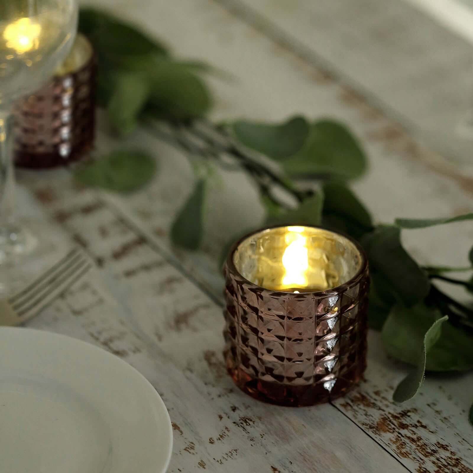 6-Pack Mercury Glass Votive Holders Studded Faceted Design Rose Gold - Tealight Candle Holders 3"