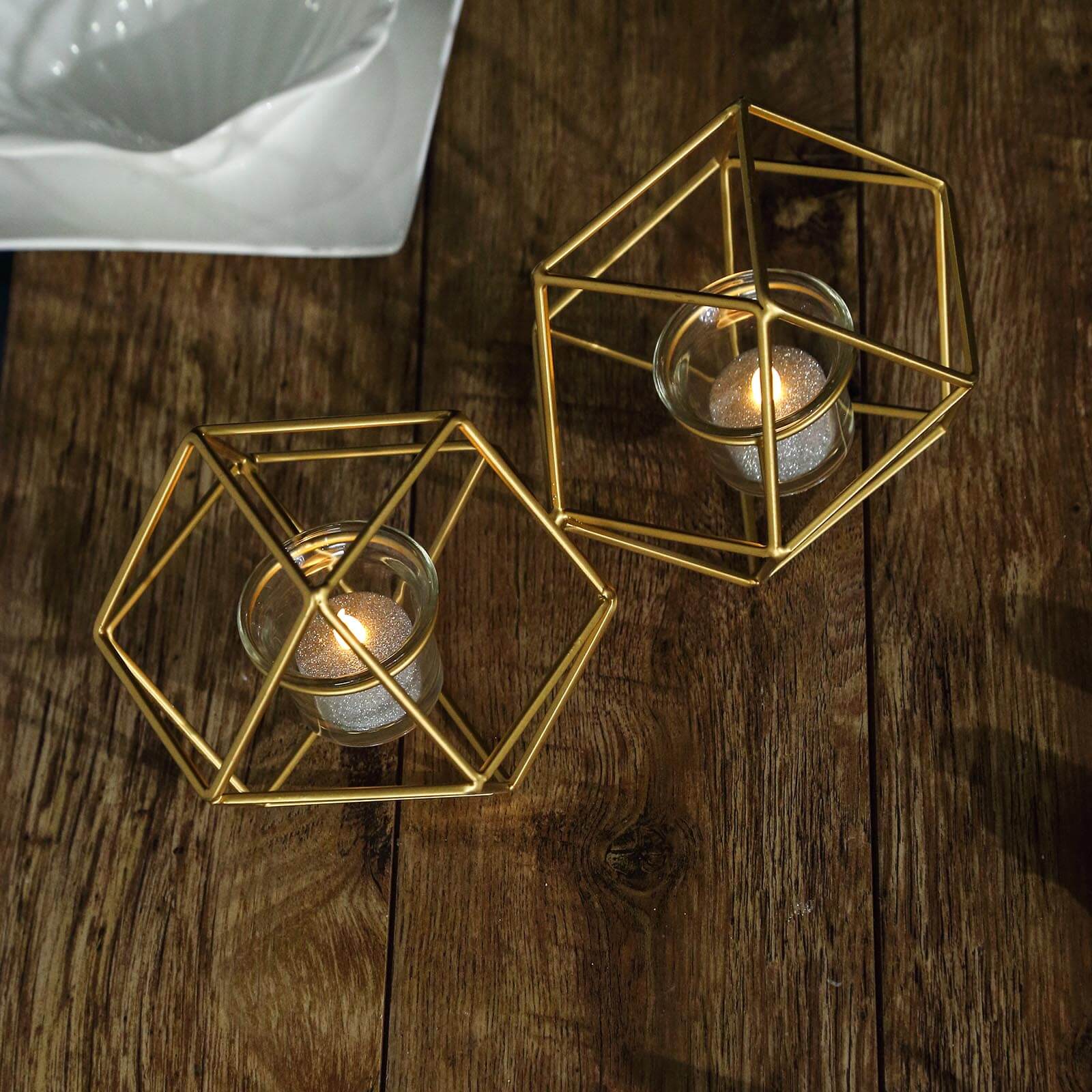 Set of Metal Candle Holders Linked Geometric Design Gold - Modern Table Decor with Votive Glass for Gatherings 11"