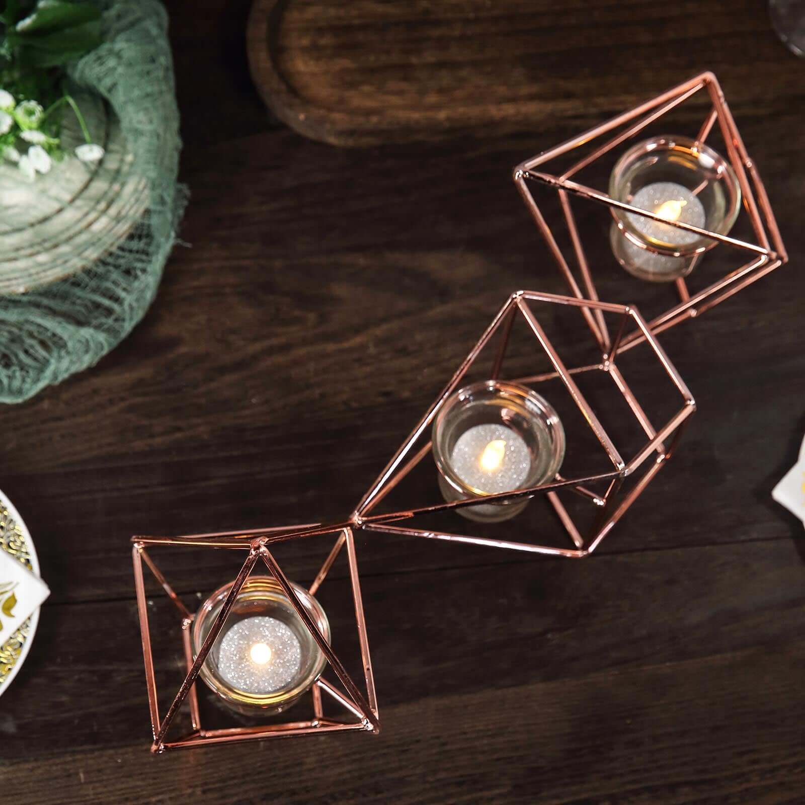 Set of Metal Candle Holders Linked Geometric Design Rose Gold - Modern Votive Glass Decor for Tables & Gatherings 16"