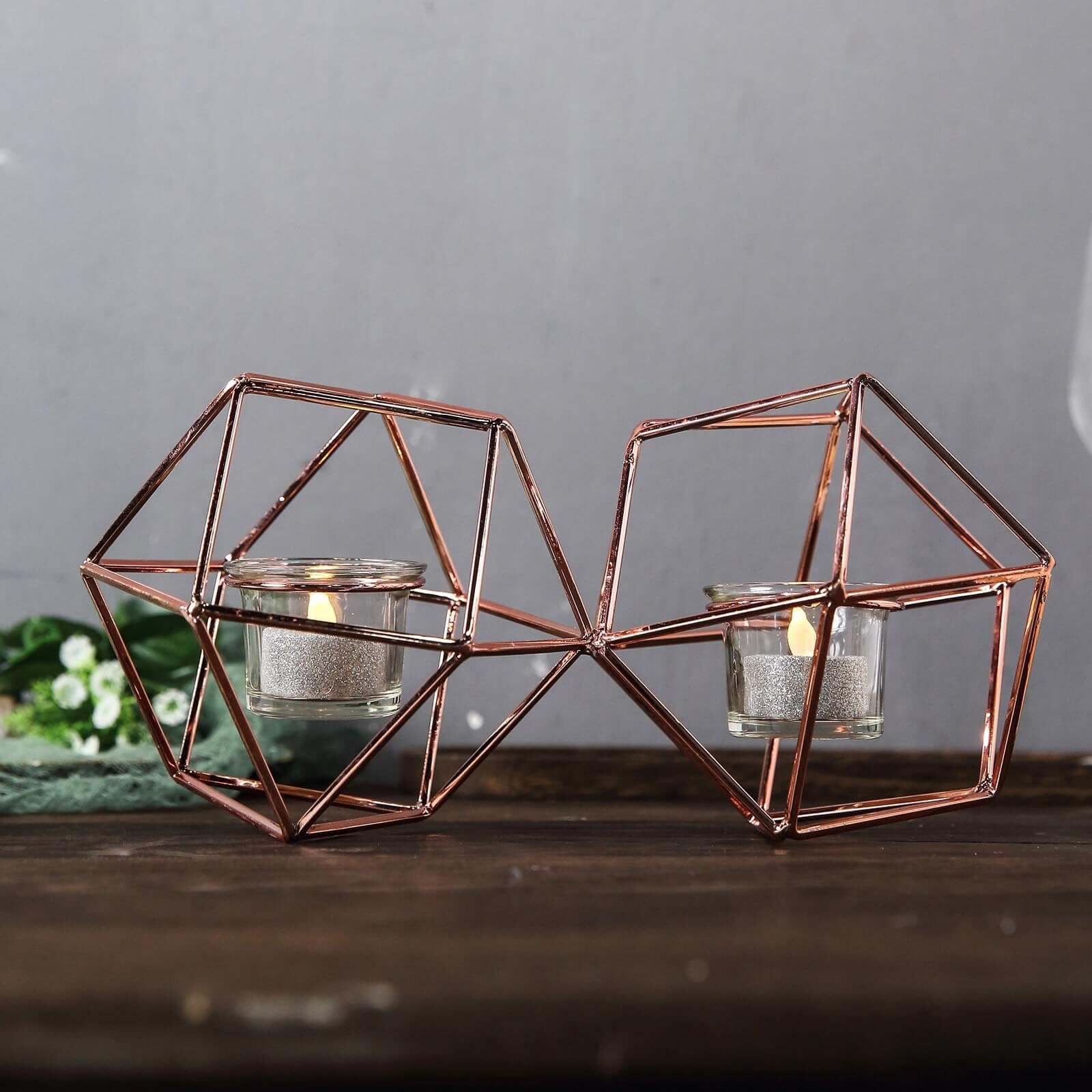 Set of Metal Candle Holders Linked Geometric Design Rose Gold - Modern Table Decor with Votive Glass for Gatherings 11"