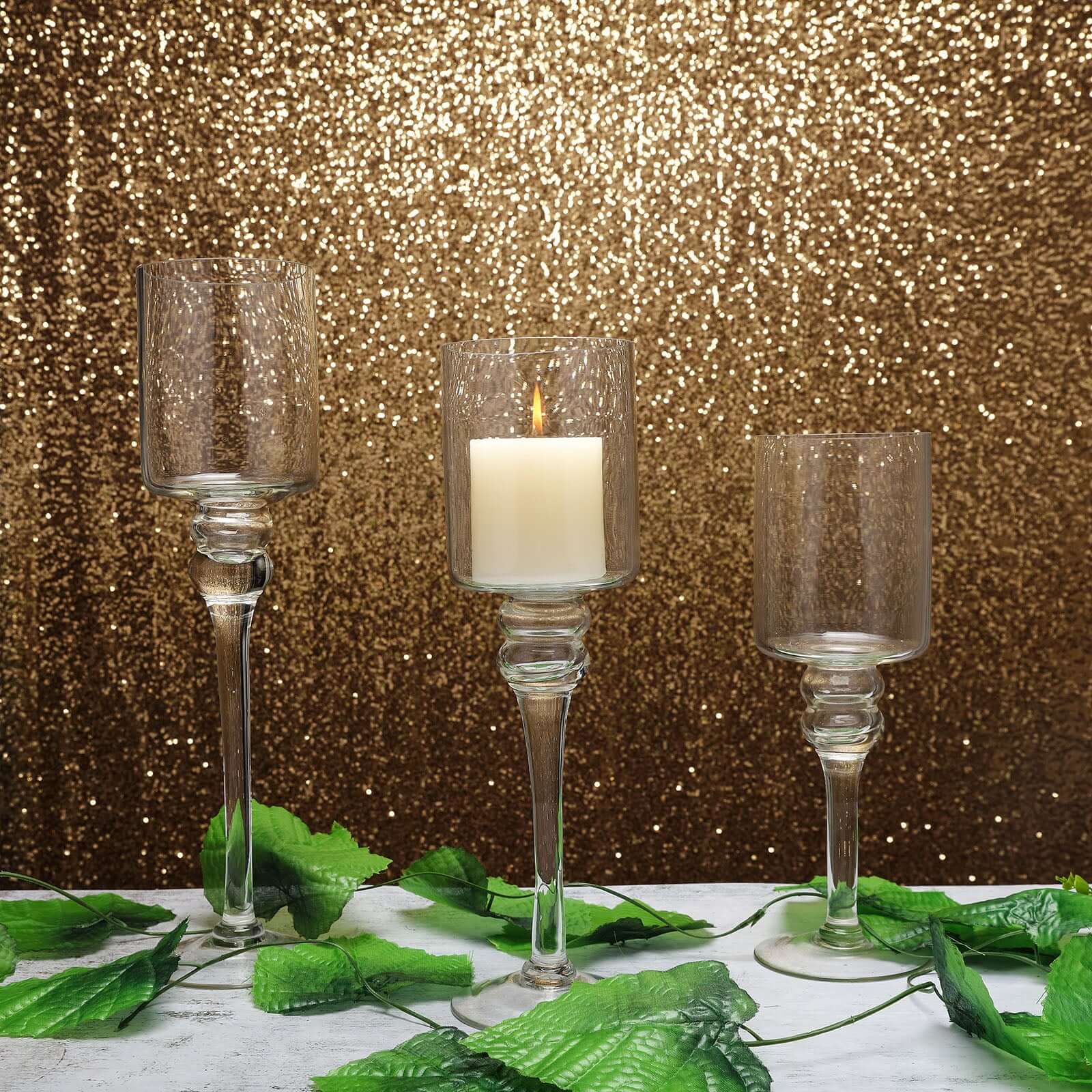 Set of 3 Glass Cylinder Vases Long Stem Clear - Decorative Candle Holder Floral Centerpieces 12", 14", 16"