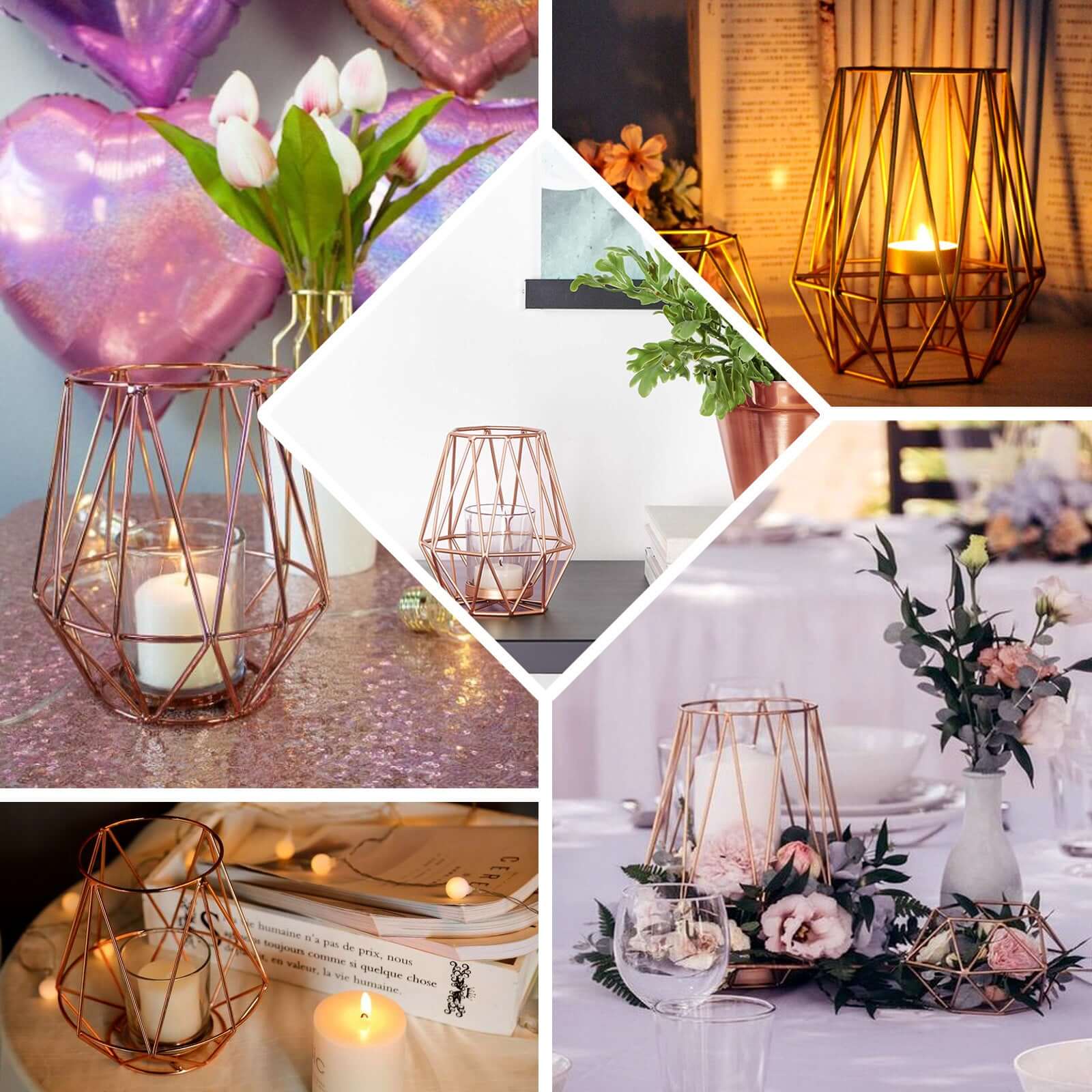 2-Pack Metal Candle Holders Rose Gold Wired Design - Stylish Glass Votive Holder Set 7"