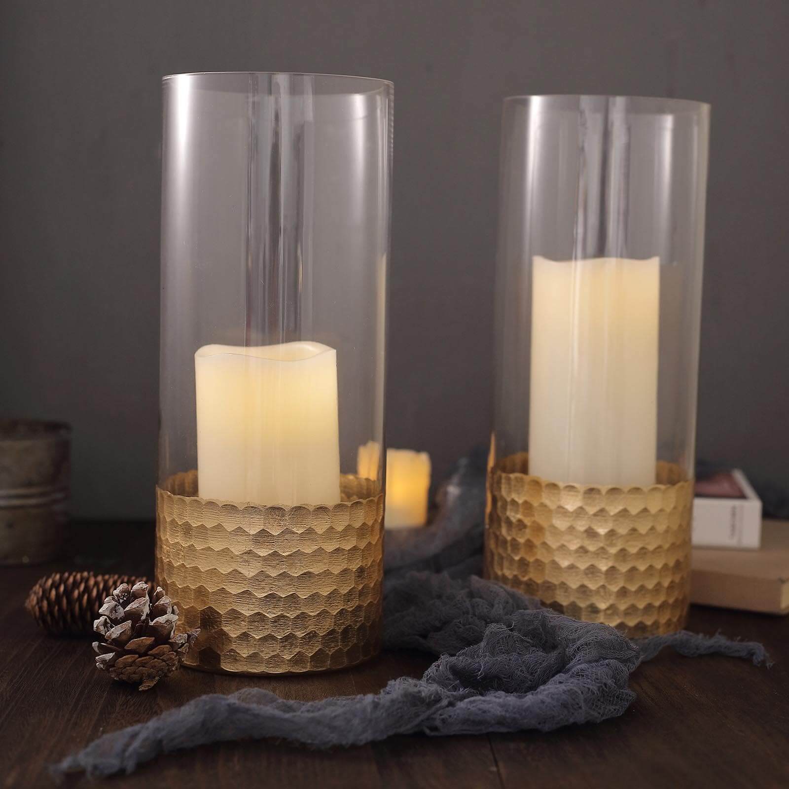 2-Pack Glass Cylinder Vases Honeycomb Design Clear with Gold Base - Decorative Candle Holder Centerpieces 12"