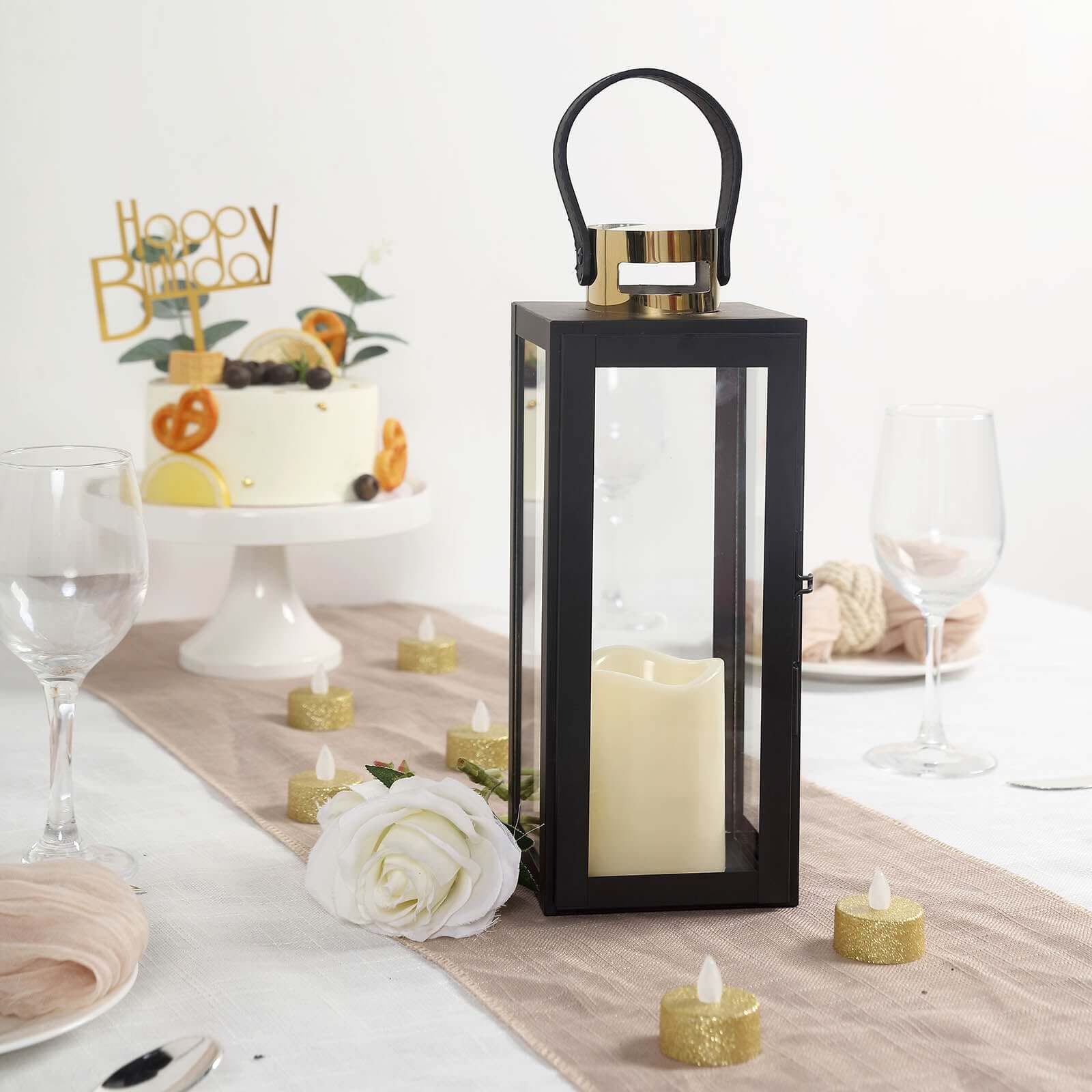 14" Black and Gold Top Stainless Steel Candle Lantern Centerpiece Outdoor Metal Patio Lantern