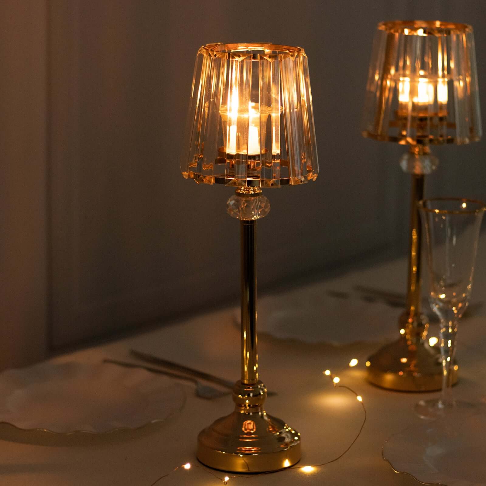 2-Pack 15" Crystal Pendant Candle Holders - Classic Empire Lamp Shade Style in Gold, Votive Candle Stand For Table Centerpieces