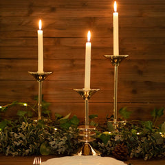 Set of 3 Taper Candlestick Holders Gold Metal with 3 Disk Pedestal Design - Decorative Centerpieces 9", 11", 13"