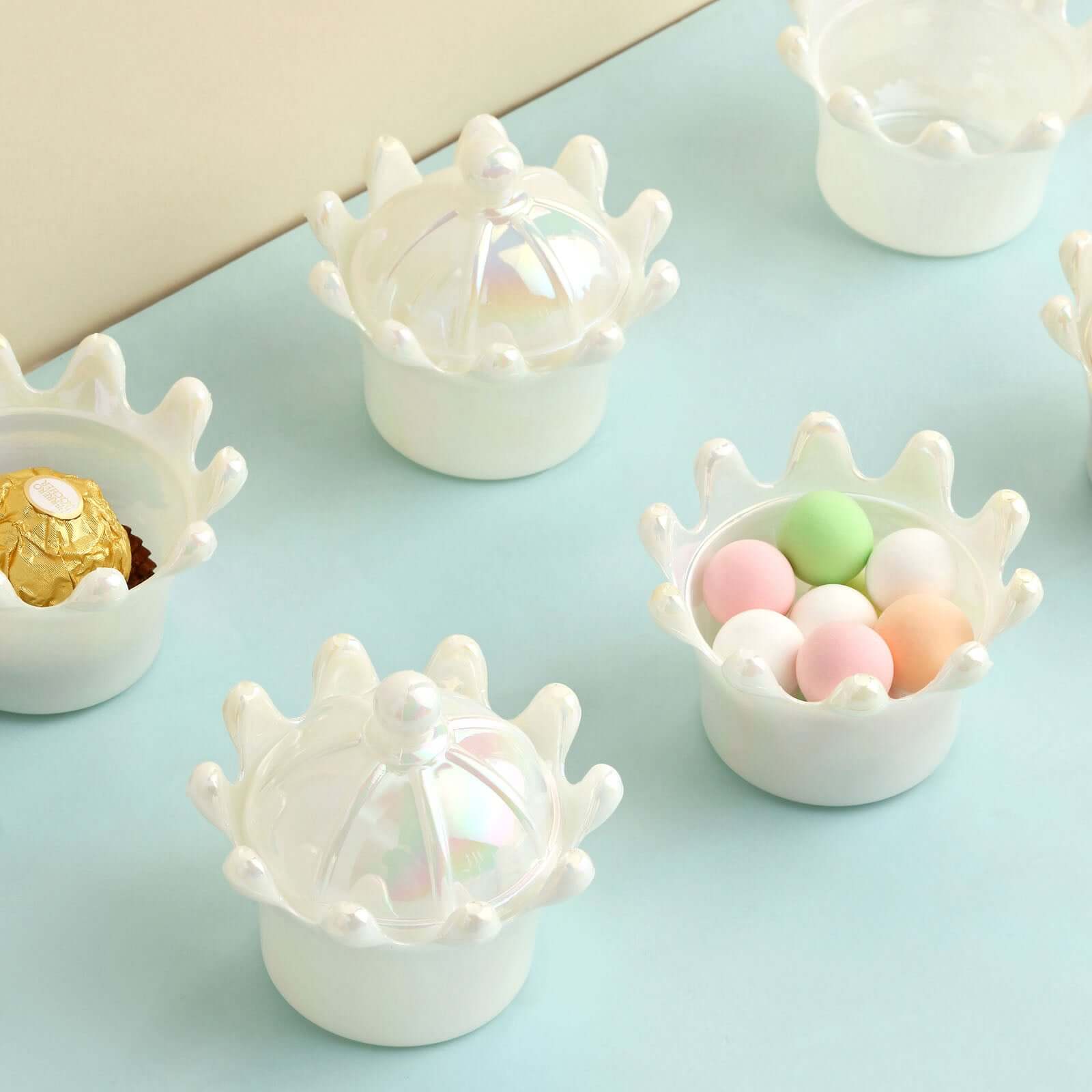 12 Pack 3" White Fillable Mini Crown Treat Favor Boxes, Small Candy Container Gift Boxes With Iridescent Dome Lids