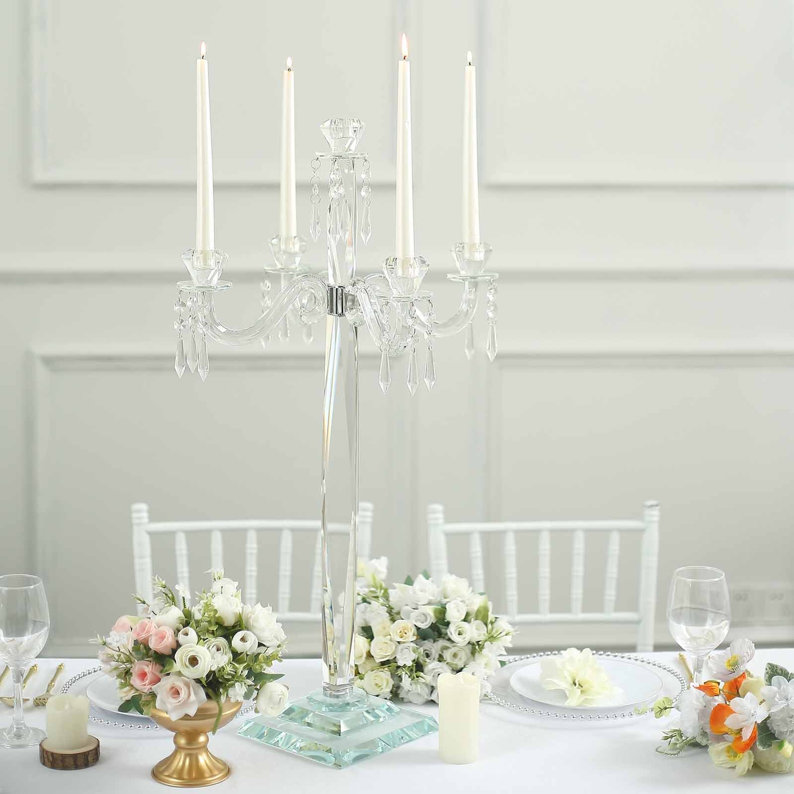 4 Arm Crystal Glass Taper Candle Holder Candelabra, Decorative Table Centerpiece With Chandelier Chains 36"