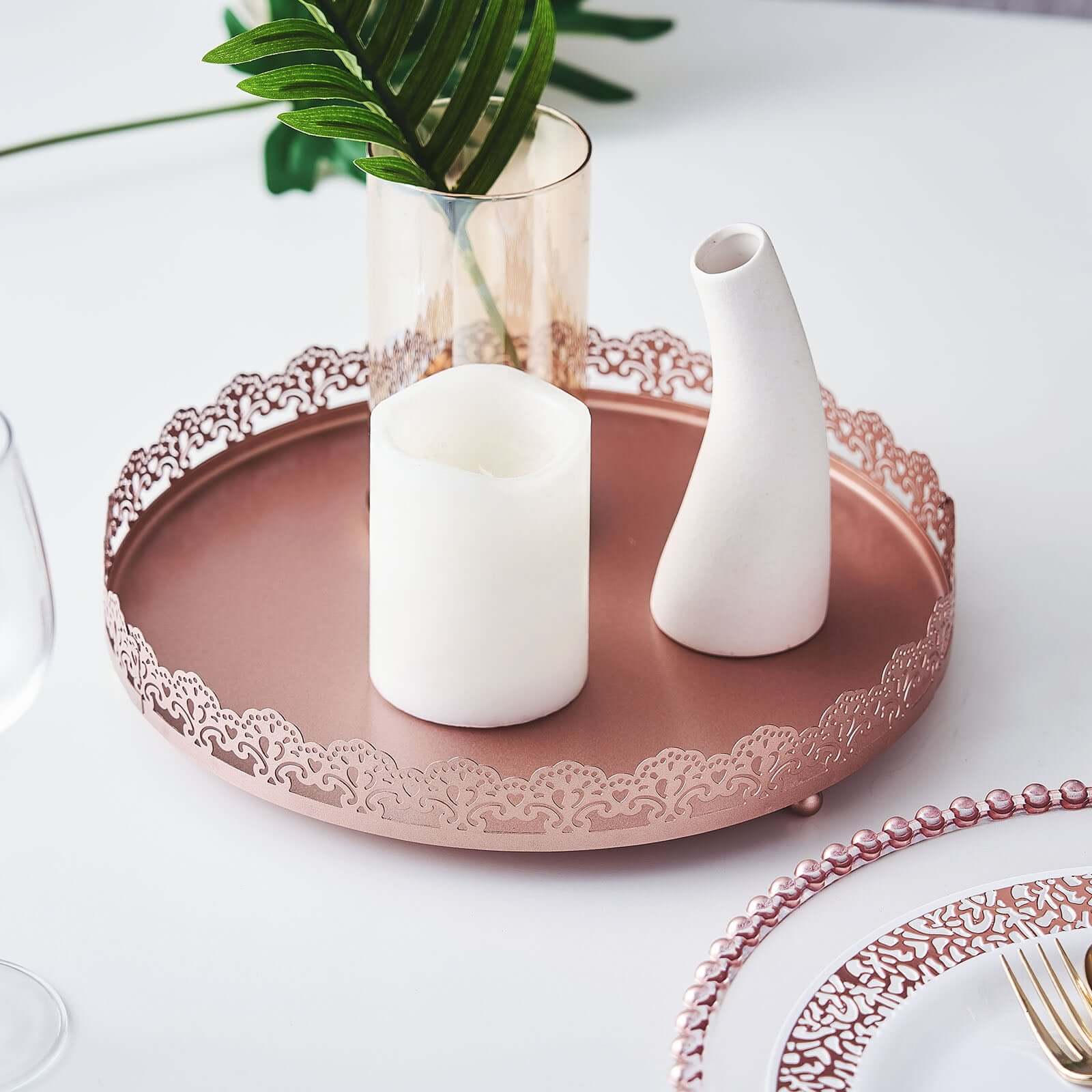 Metal Round Serving Tray 12" in Rose Gold with Embellished Rims, Stylish Decorative Vanity Tray Centerpiece