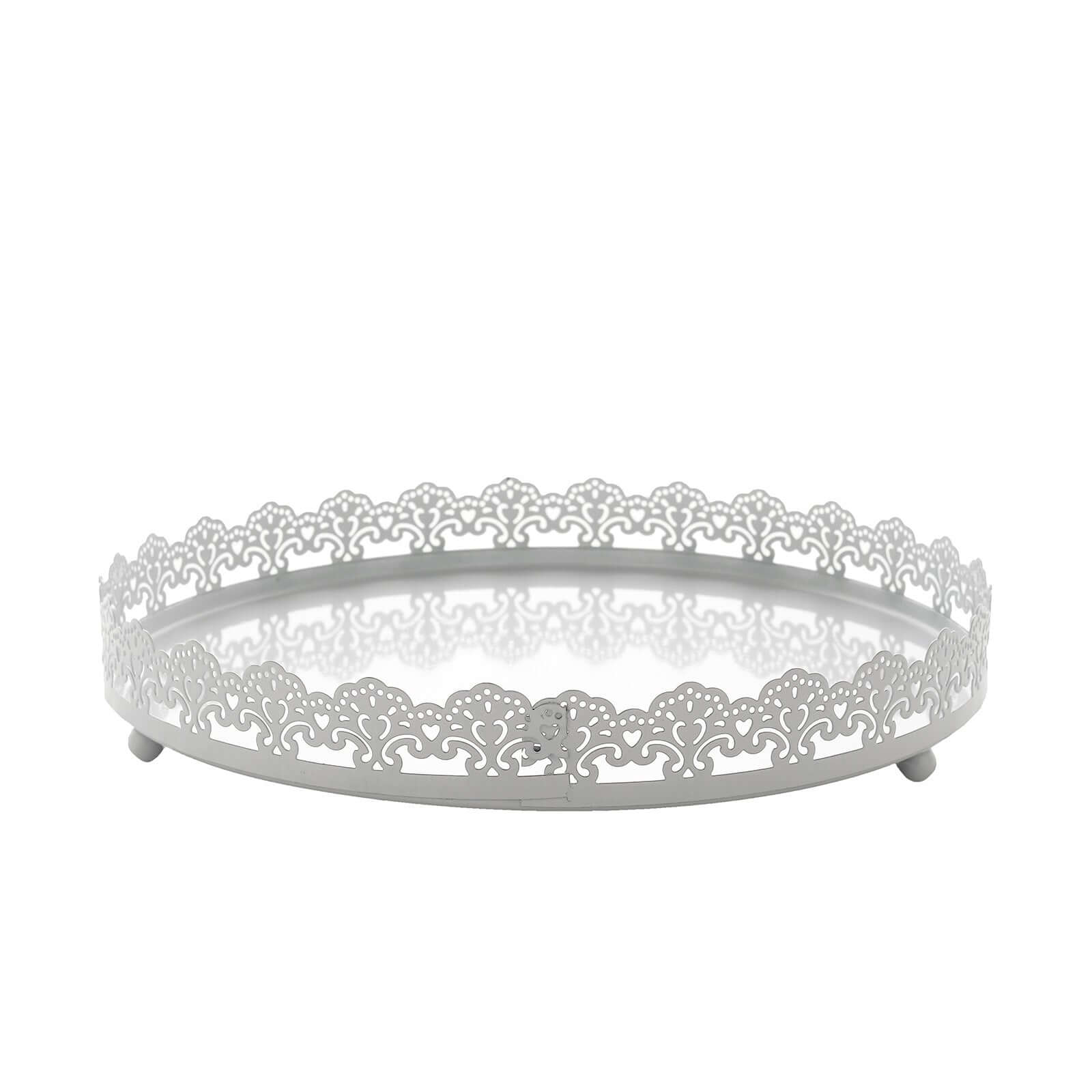 Metal Round Serving Tray 12" in White with Embellished Rims, Stylish Decorative Vanity Tray Centerpiece