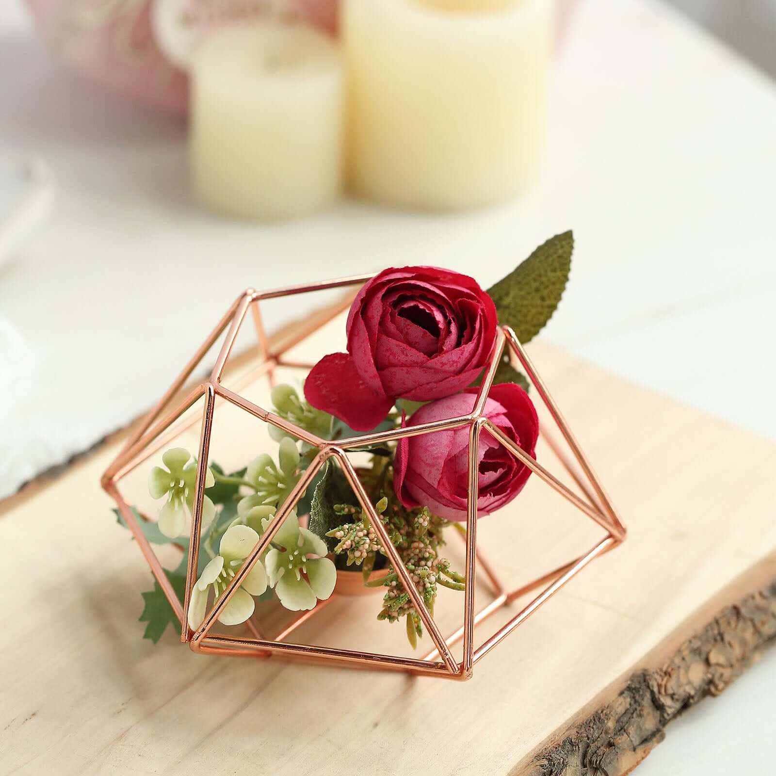 Set of 2 Candle Holders Metal Hexagon Geometric Design Rose Gold - Modern Decorative Centerpieces for Tables 4"x3"