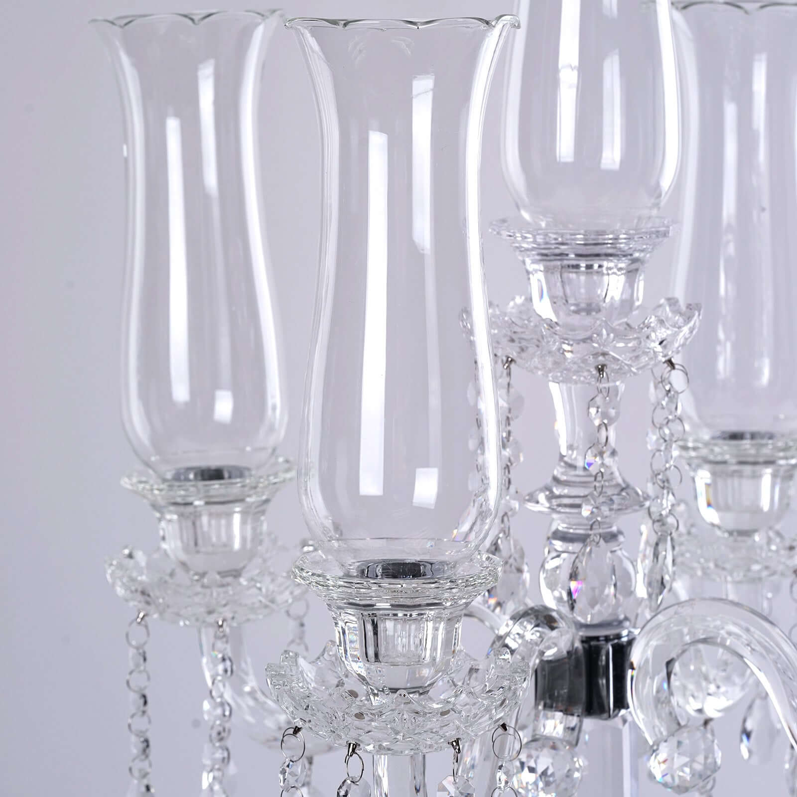 5 Arm Crystal Glass Taper Candle Holder Candelabra, Stylish Table Centerpiece With Chandelier Chains 32"