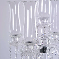 5 Arm Crystal Glass Taper Candle Holder Candelabra, Stylish Table Centerpiece With Chandelier Chains 32"