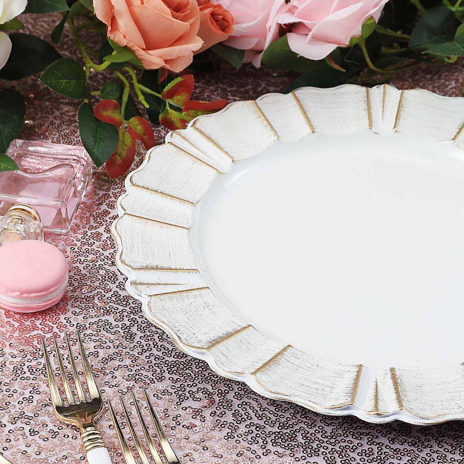 6-Pack Acrylic Plastic Round Charger Plates 13" in White with Gold Brushed Wavy Scalloped Rim, Decorative Dinner Party Charger Tableware