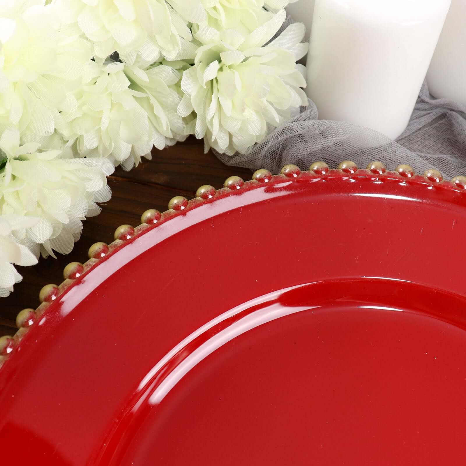 6-Pack Acrylic Round Charger Plates 13" in Red with Gold Beaded Rim, Decorative Dinner Party Charger Tableware