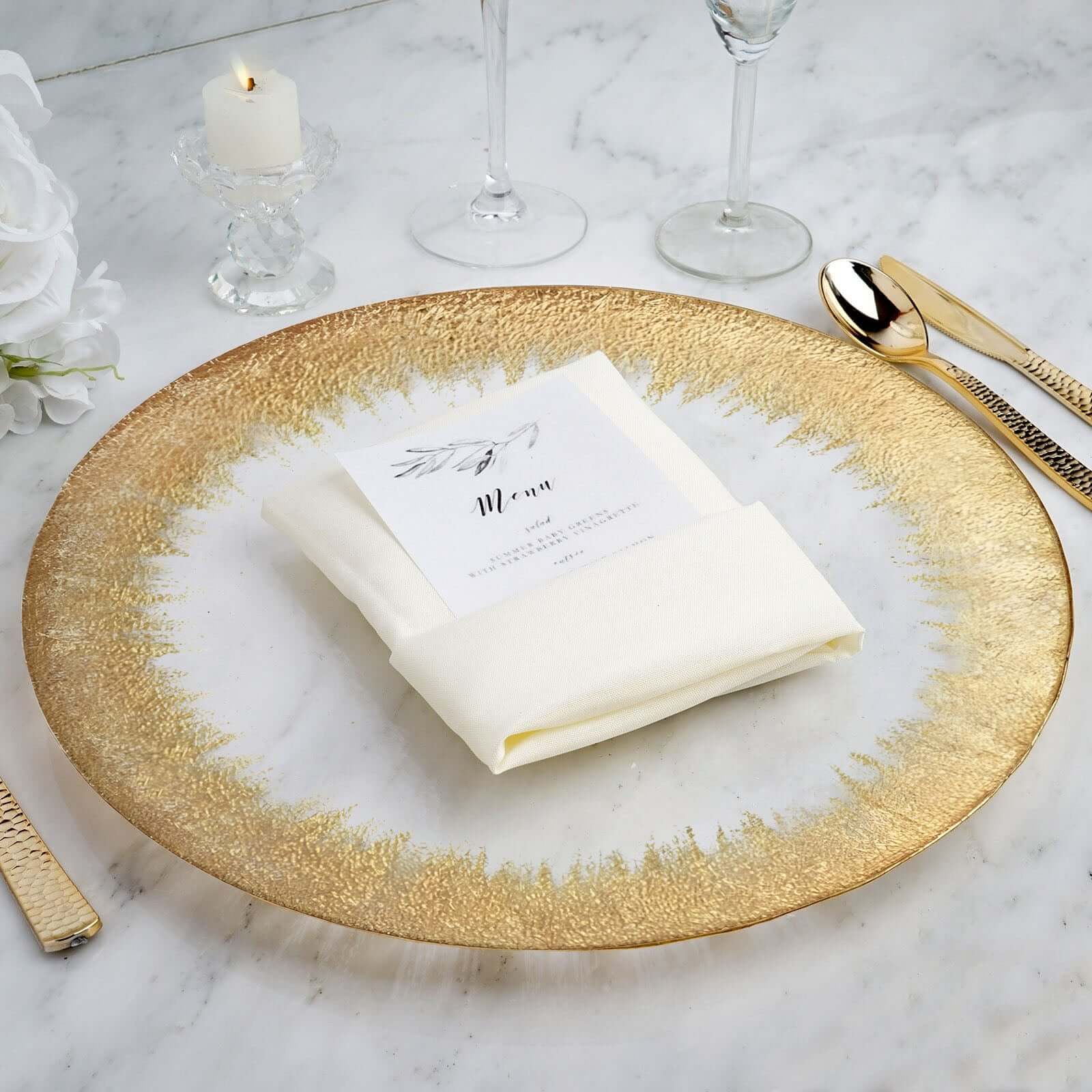 8-Pack Glass Round Charger Plates 13" in Clear with Metallic Gold Spray Rim, Decorative Dinner Charger Tableware