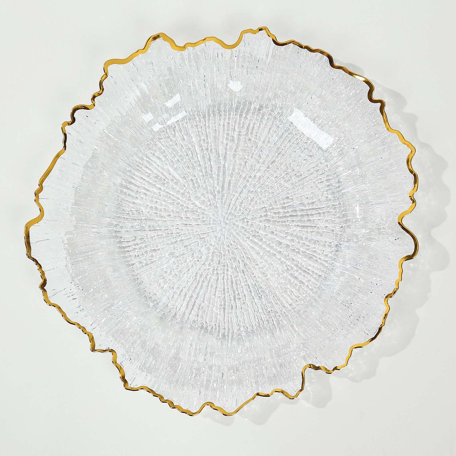 6-Pack Plastic Round Charger Plates 12" in Clear Reef Design with Gold Rim, Decorative Dinner Party Serving Plates