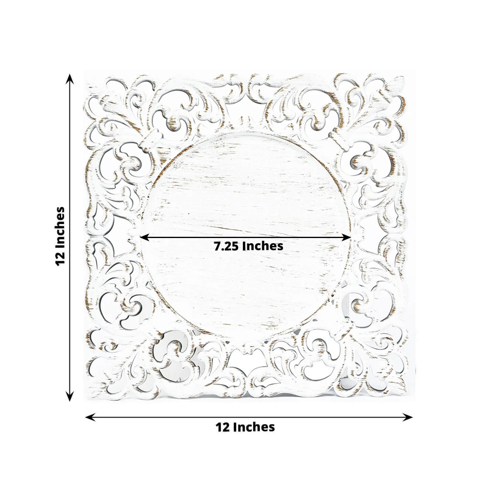 6-Pack Acrylic Square Charger Plates 12" Whitewashed with Hollow Lace Border, Event Tabletop Decorative Charger Tableware