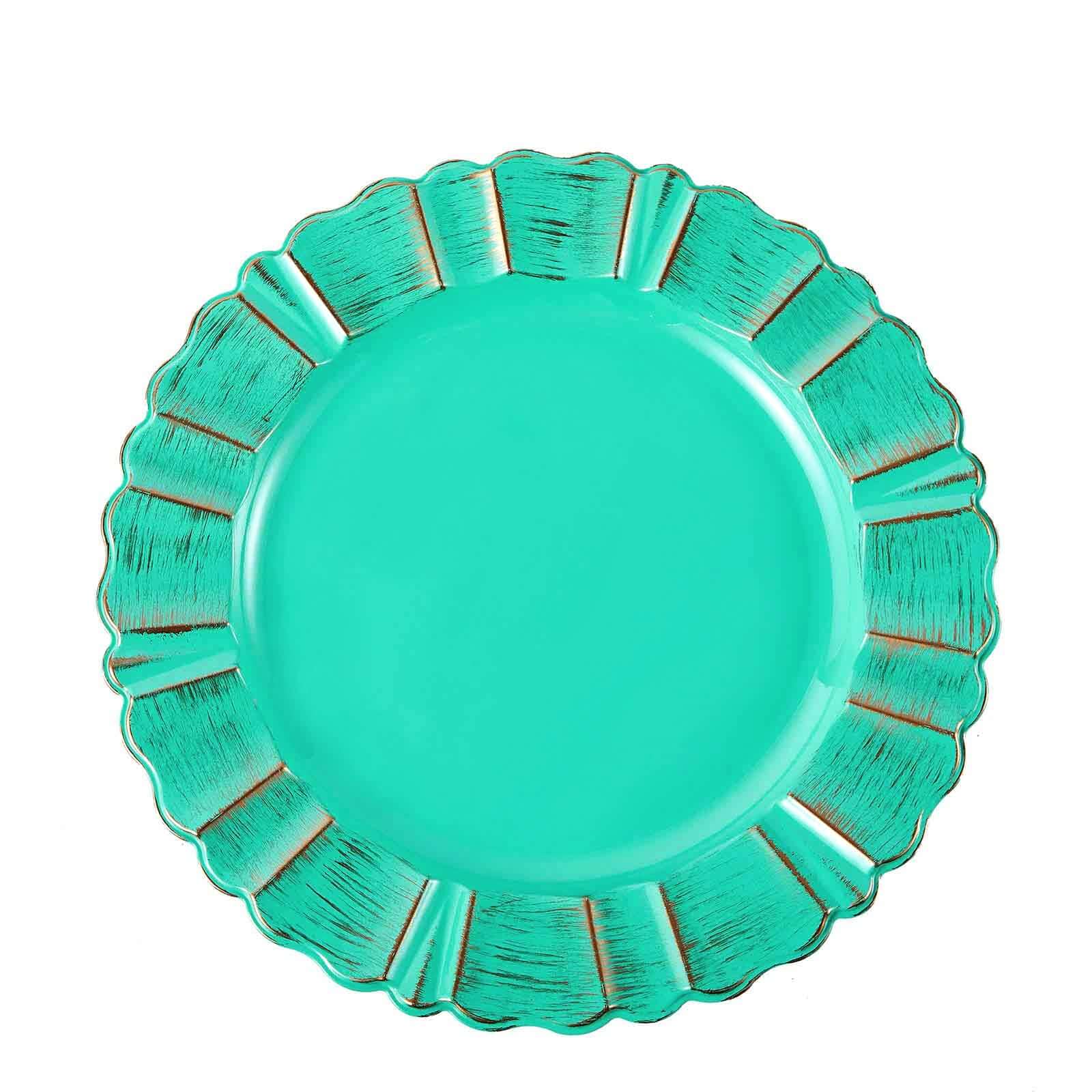 6-Pack Acrylic Plastic Round Charger Plates 13" in Turquoise with Gold Brushed Wavy Scalloped Rim, Decorative Dinner Party Charger Tableware