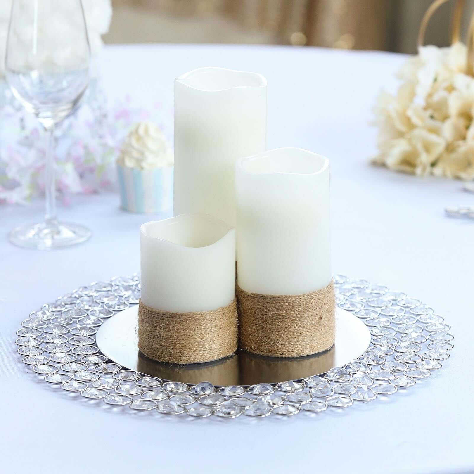 Wired Metal Round Charger Plate 14" in SIlver with Acrylic Crystal Beads, Glamorous Decorative Dinner Charger Tableware