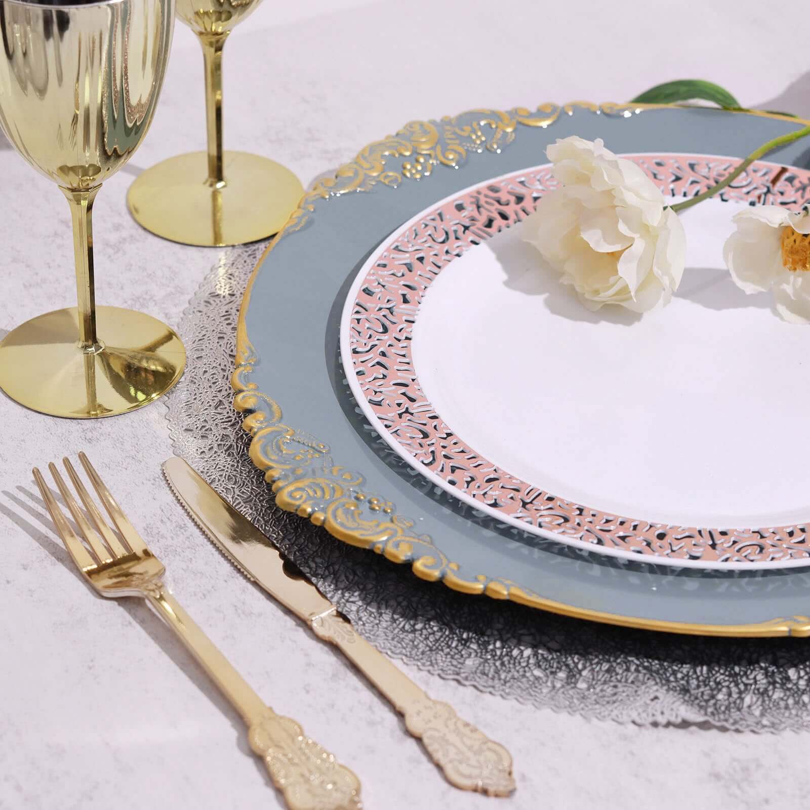 6-Pack Acrylic Round Charger Plates 13" in Dusty Blue with Gold Embossed Baroque Rim, Antique Decorative Dinner Party Charger Tableware