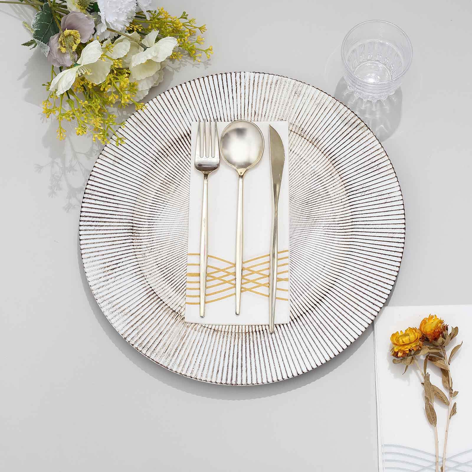 6-Pack Faux Wood Round Charger Plates 13" White Washed with Embossed Sunray Pattern, Chic Plastic Decorative Chargers