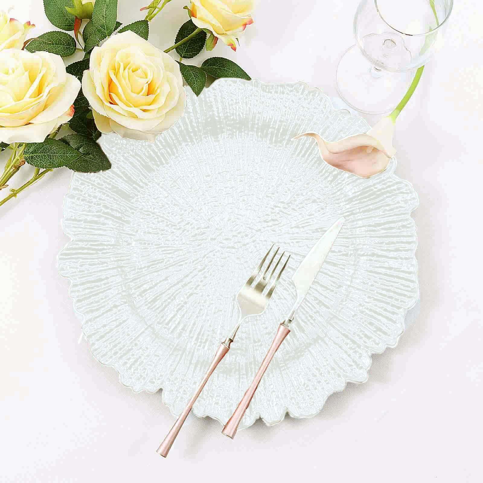 6-Pack Acrylic Plastic Round Charger Plates 13" in White with Reef Design, Classy Dinner Party Charger Tableware
