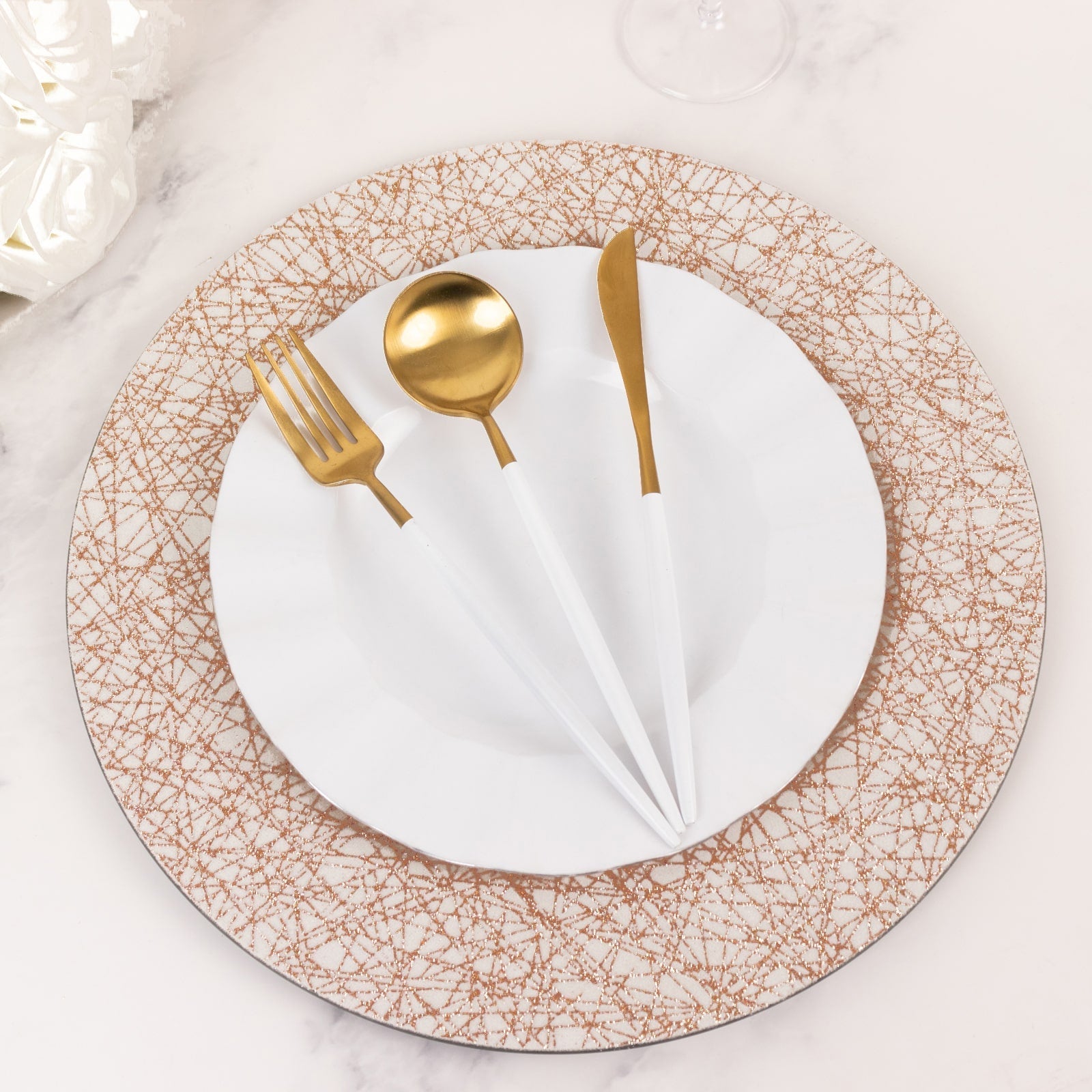 6-Pack Acrylic Round Charger Plates 13" in Rose Gold with Glitter Abstract Lines Pattern, Decorative Dinner Party Charger Tableware