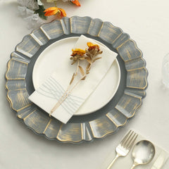 6-Pack Acrylic Plastic Round Charger Plates 13" in Charcoal Gray with Gold Brushed Wavy Scalloped Rim, Decorative Dinner Party Charger Tableware