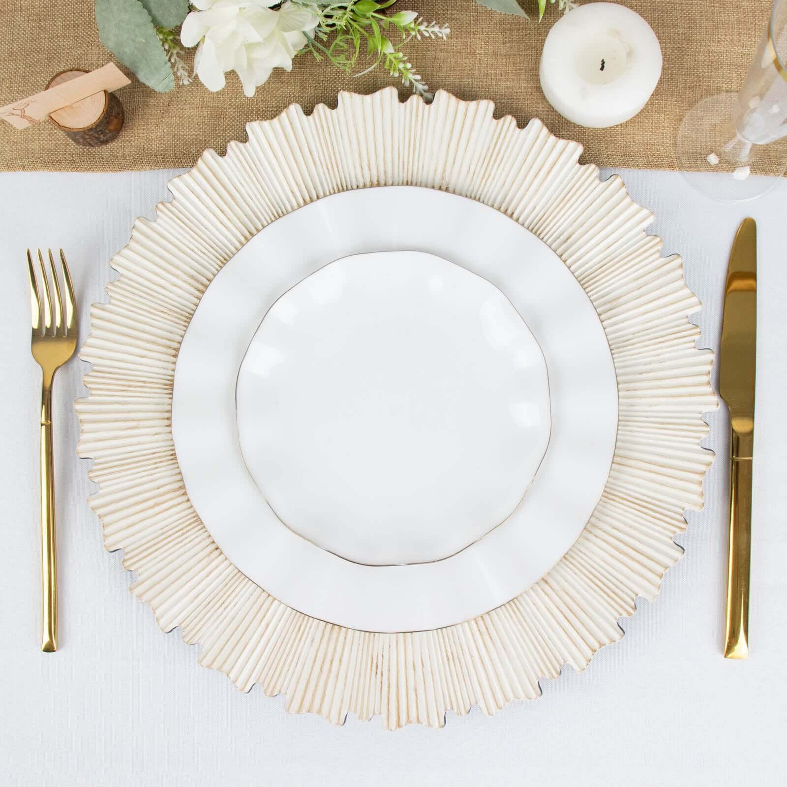 6-Pack Acrylic Plastic Round Charger Plates 13" in Washwhite with Sunray Scalloped Rim, Decorative Dinner Party Charger Tableware