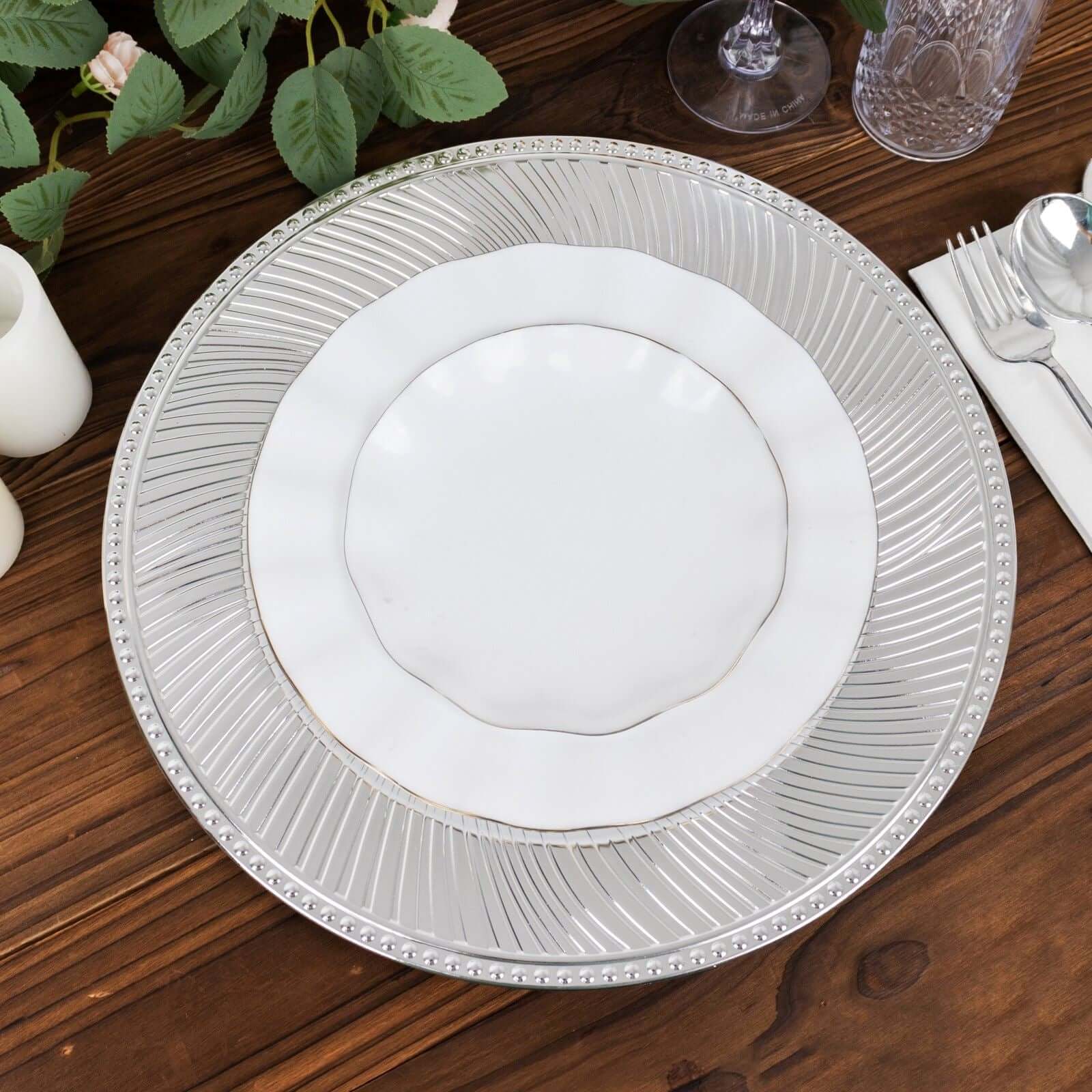 6-Pack Acrylic Round Charger Plates 13" in Metallic Silver Swirl Pattern with Beaded Rim, Plastic Decorative Dinner Party Charger Tableware