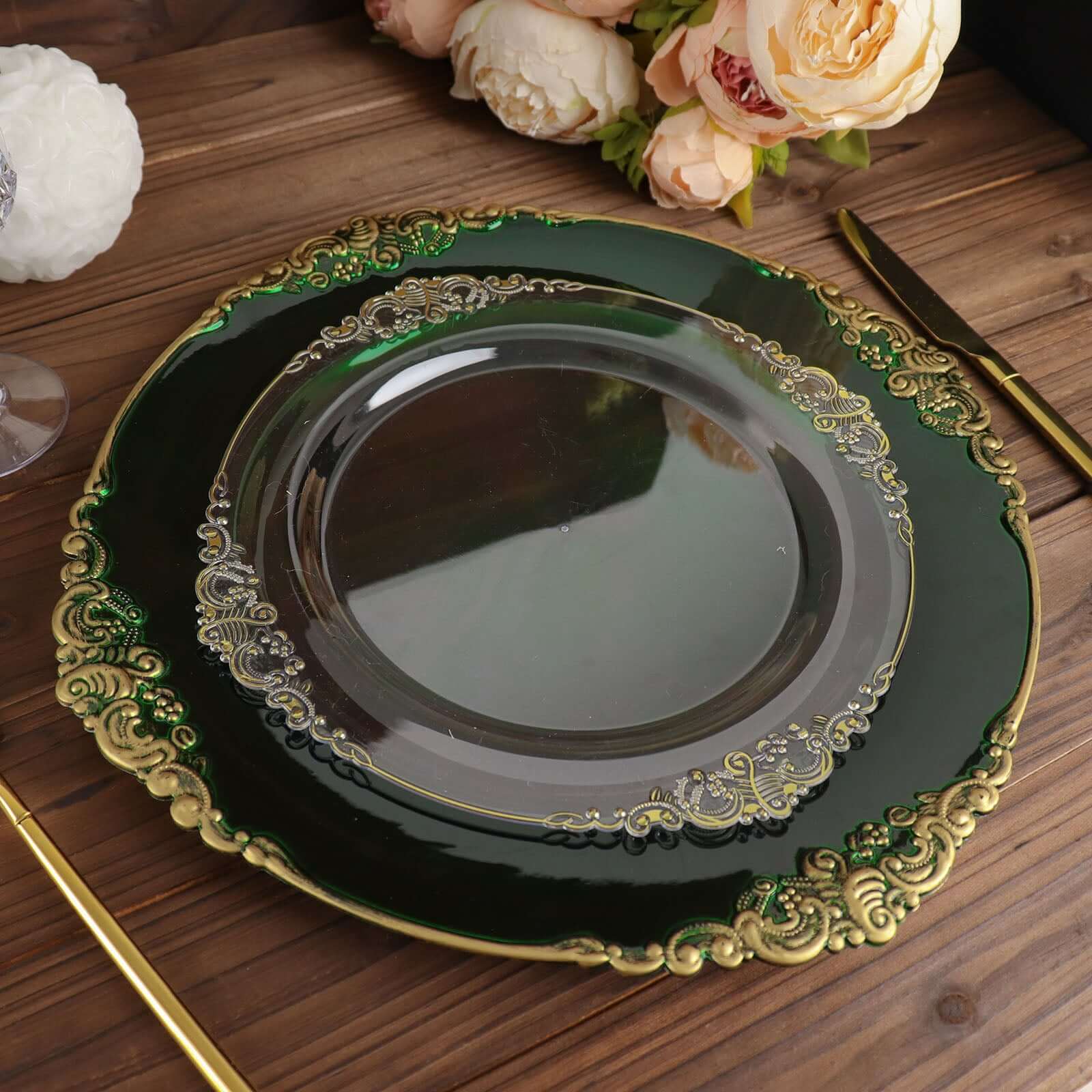 6-Pack Acrylic Round Charger Plates 13" in Hunter Emerald Green with Gold Embossed Baroque Rim, Antique Decorative Dinner Party Charger Tableware