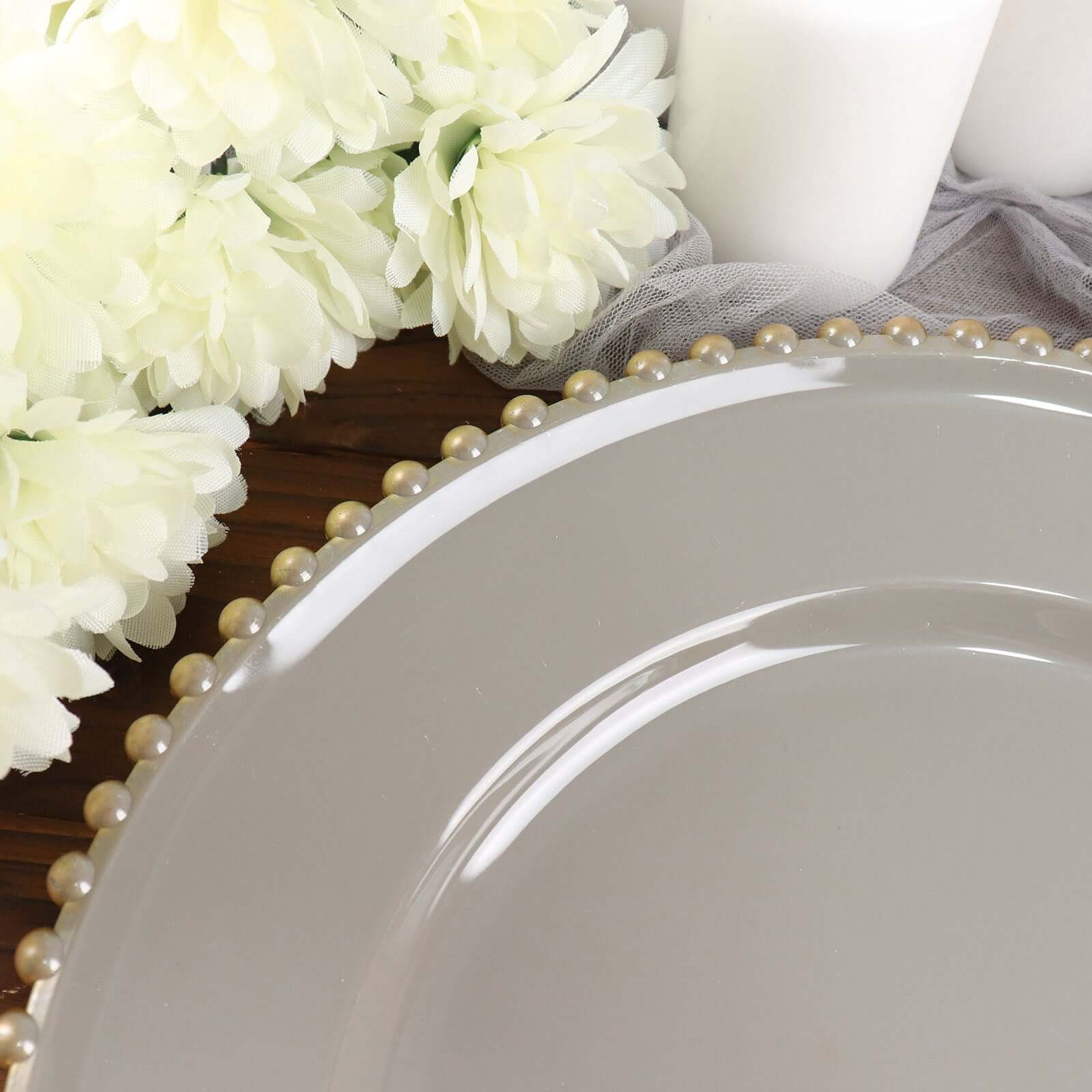 6-Pack Acrylic Round Charger Plates 13" in Charcoal Gray with Gold Beaded Rim, Decorative Dinner Party Charger Tableware