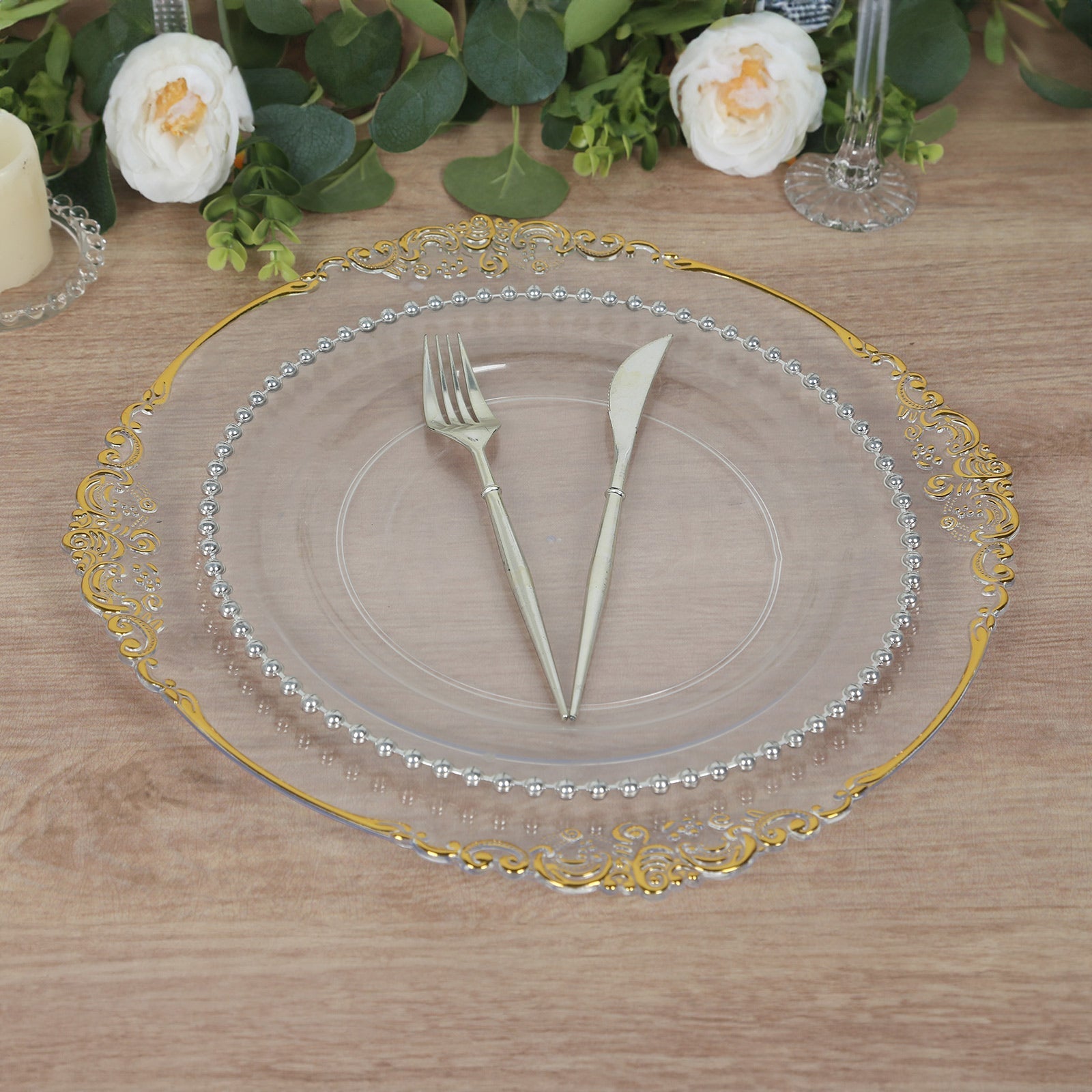 20-Pack Economy Plastic Round Charger Plates 13" in Clear with Gold Embossed Baroque Rim, Stylish Dinner Party Serving Plates