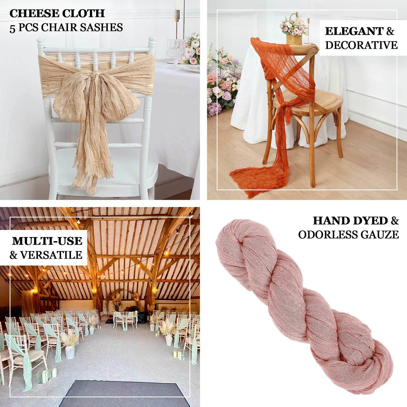 5 Pack Cheesecloth Gauze 16"x88" Chair Sashes Nude Beige - Boho Chair Decorations