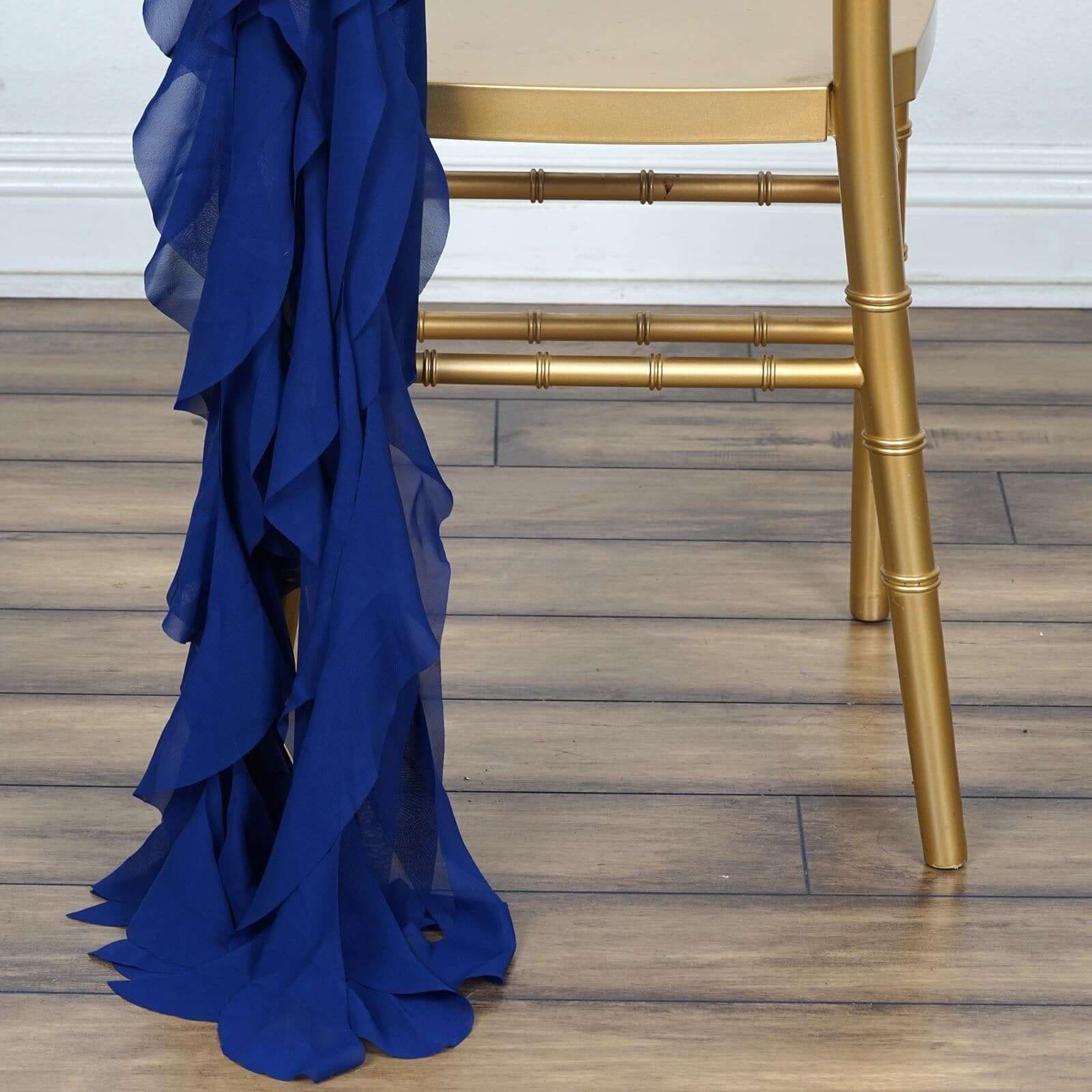 1 Set Chiffon Hoods Chair Sashes with Willow Ruffles Design Royal Blue - Stylish Chair Bow Decor